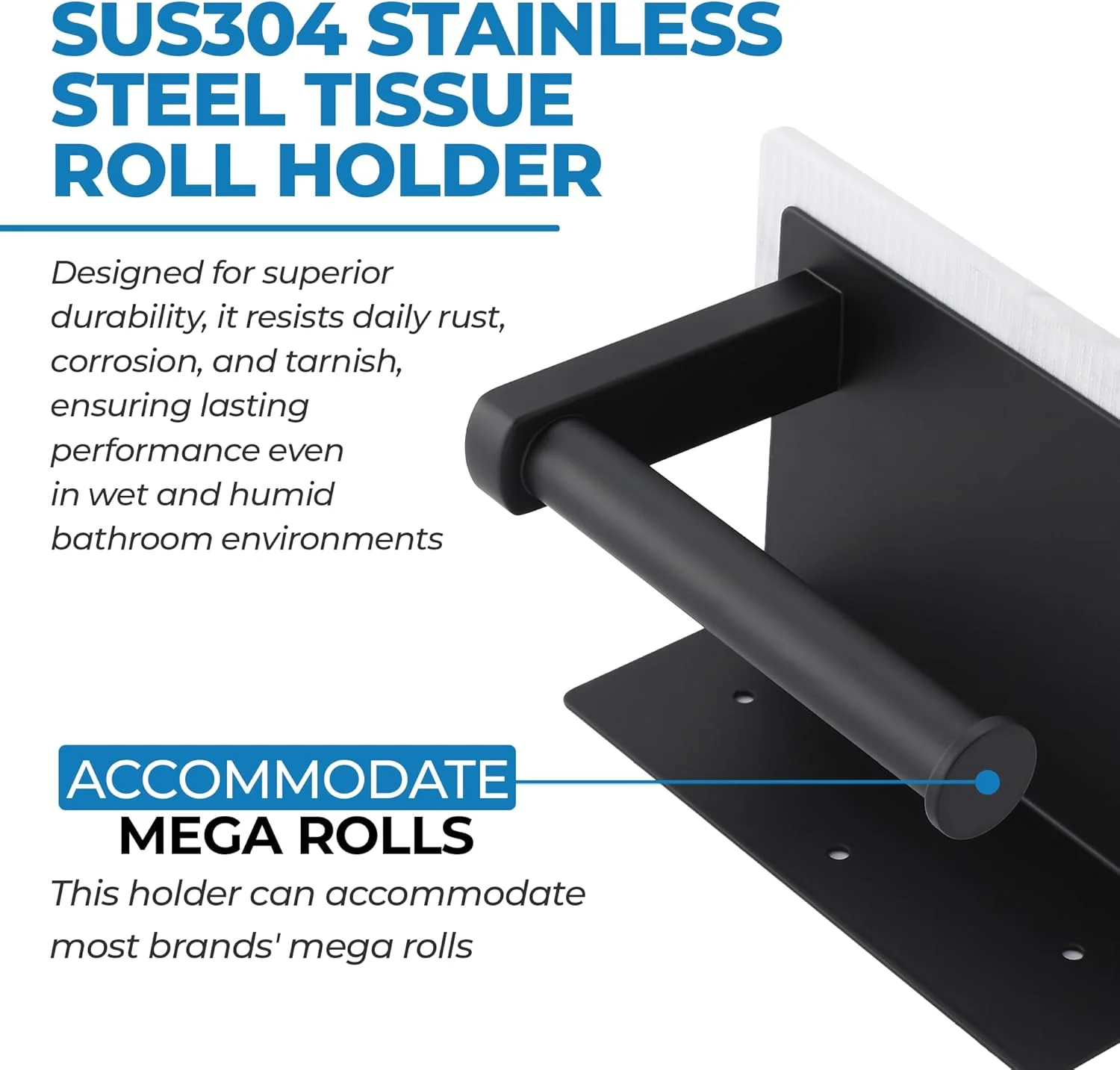 جا دستمال کاغذی رولی سنگی با قفسه - جا دستمال کاغذی دیواری با دسته پایه استیل ضد زنگ 304 - دکور حمام ضد زنگ مناسب برای رول های بزرگ - مشکی مات