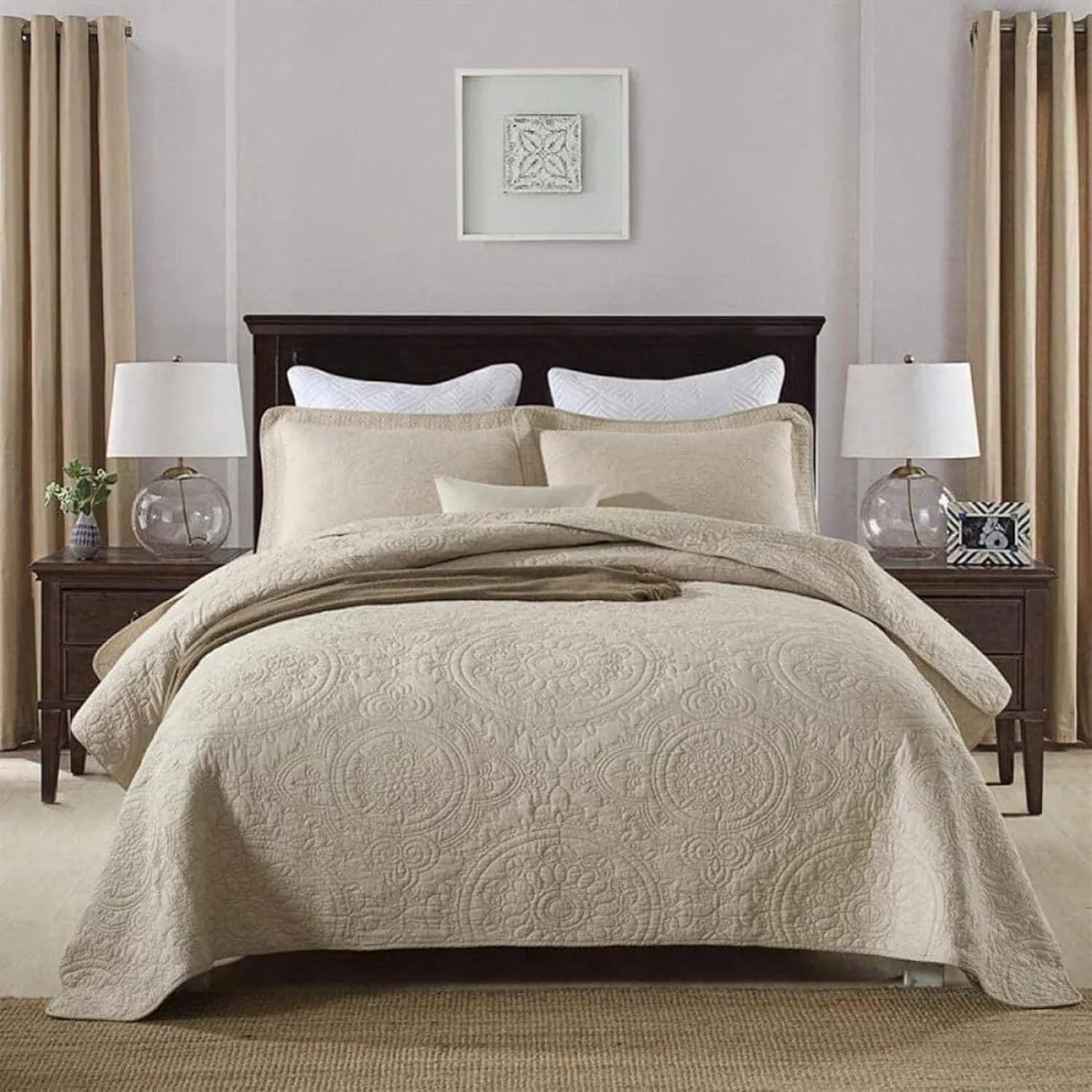 رو تختی لحاف دار، رو تختی لحافی، ست رو تختی سه تکه، رو تختی چند منظوره، رو تختی/رو انداز تخت، لحاف پنبه ای گلدوزی شده، لحاف تهویه مطبوع دو نفره کوئین - بژ هدیه کوچک