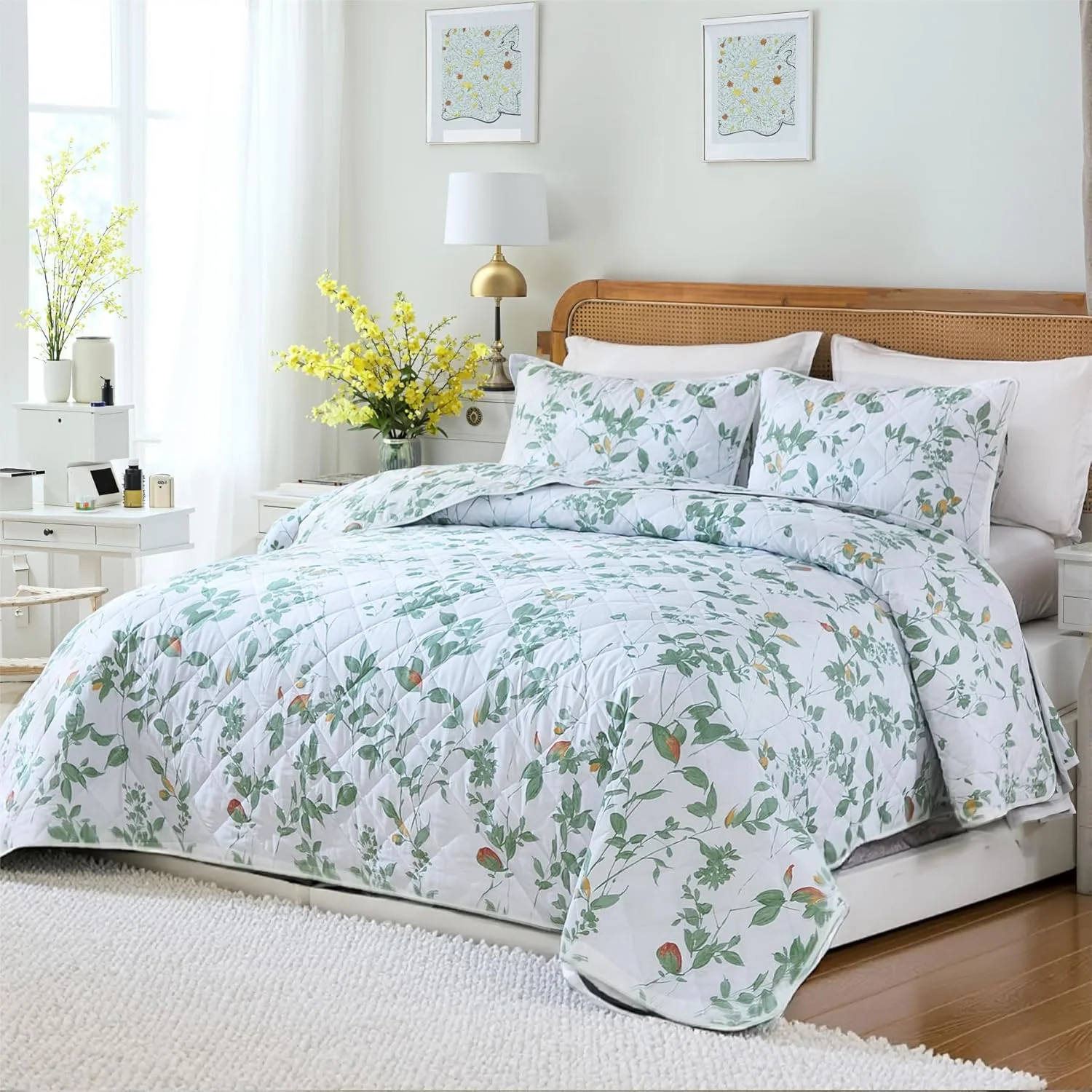 ست لحاف پنبه‌ای ۱۰۰٪، سایز کویین، طرح گل‌دار سبز، روتختی سبک وزن، ۳ تکه، روتختی دو رو با ۲ روبالشی، مناسب تمام فصول