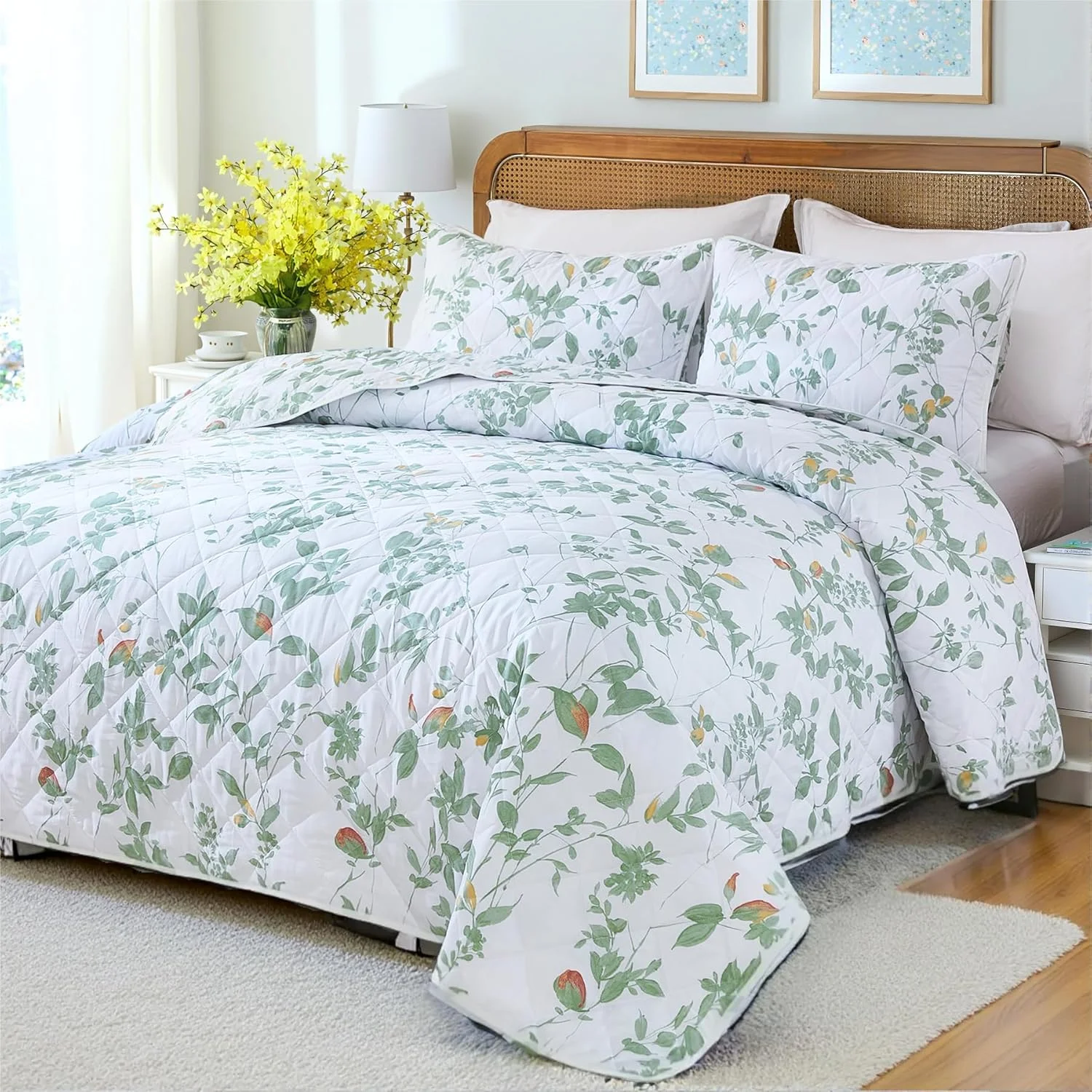 ست لحاف پنبه‌ای ۱۰۰٪، سایز کویین، طرح گل‌دار سبز، روتختی سبک وزن، ۳ تکه، روتختی دو رو با ۲ روبالشی، مناسب تمام فصول