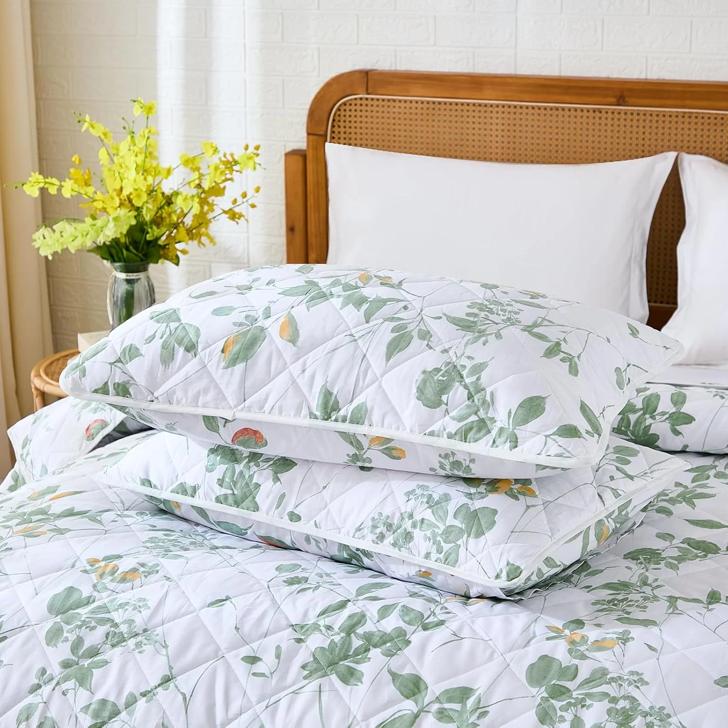 ست لحاف پنبه‌ای ۱۰۰٪، سایز کویین، طرح گل‌دار سبز، روتختی سبک وزن، ۳ تکه، روتختی دو رو با ۲ روبالشی، مناسب تمام فصول