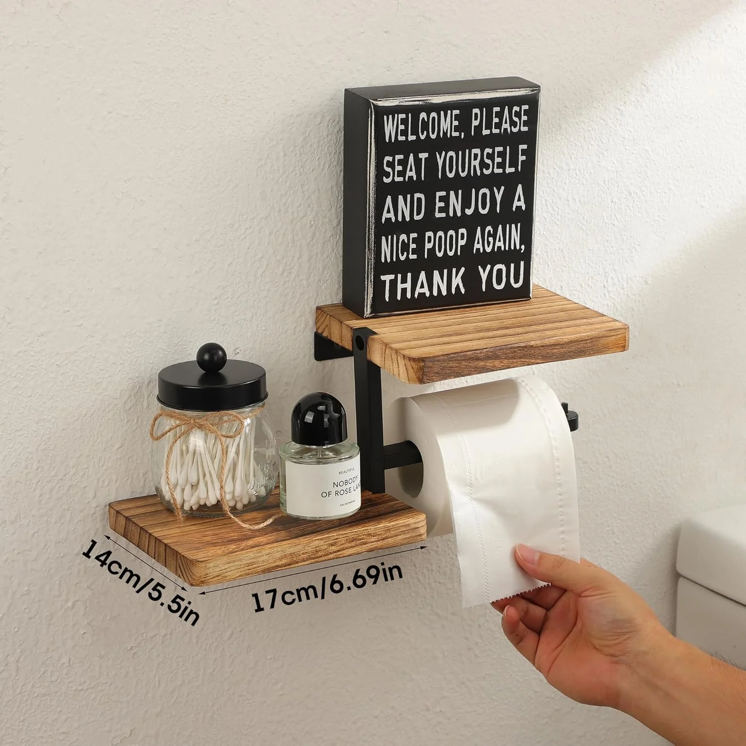 نگهدارنده رول توالت چوبی با قفسه، نصب شده روی دیوار، دارای قفسه برای نگهداری، قفسه دوبل چوبی به سبک قدیمی، نگهدارنده دستمال کاغذی برای حمام