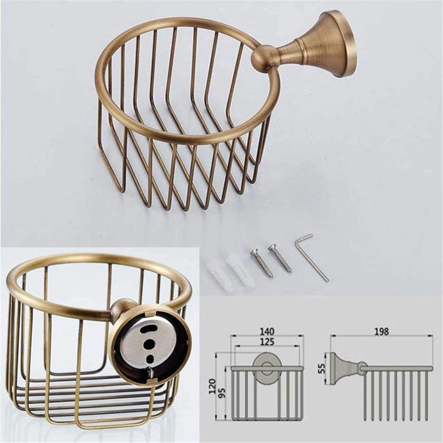 جا دستمال کاغذی توالت، دیواری، برنجی، سبد سیمی، ضد زنگ، مناسب برای نگهداری دستمال کاغذی در حمام، رنگ برنزی