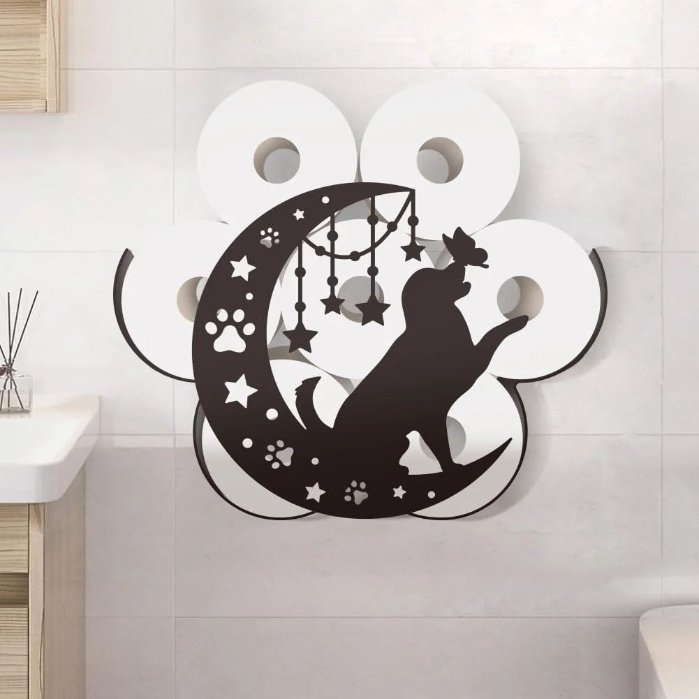 جا دستمال کاغذی فلزی طرح سگ و ماه، نگهدارنده دستمال کاغذی تزئینی سگ، جای دستمال کاغذی ایستاده فلزی طرح ماه و سگ برای کابینت حمام