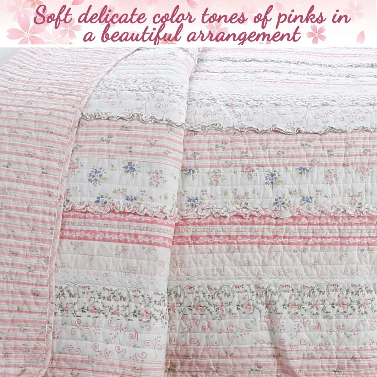 ست روتختی لحافی دو رو پنبه ای گلدار توری دار راه راه دخترانه شیک و کهنه نما، لحاف، روتختی (توری صورتی، سایز کویین - 3 تکه: 1 لحاف + 2 روبالشتی)