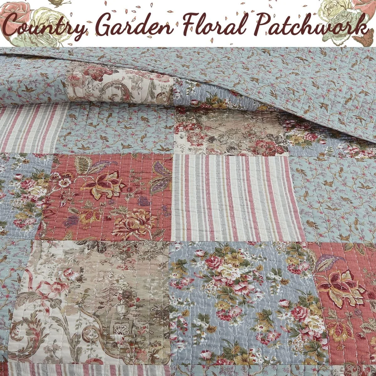 ست روتختی سه تکه پنبه‌ای طرح تکه‌دوزی گل‌دار دو رو، مناسب تمام فصول