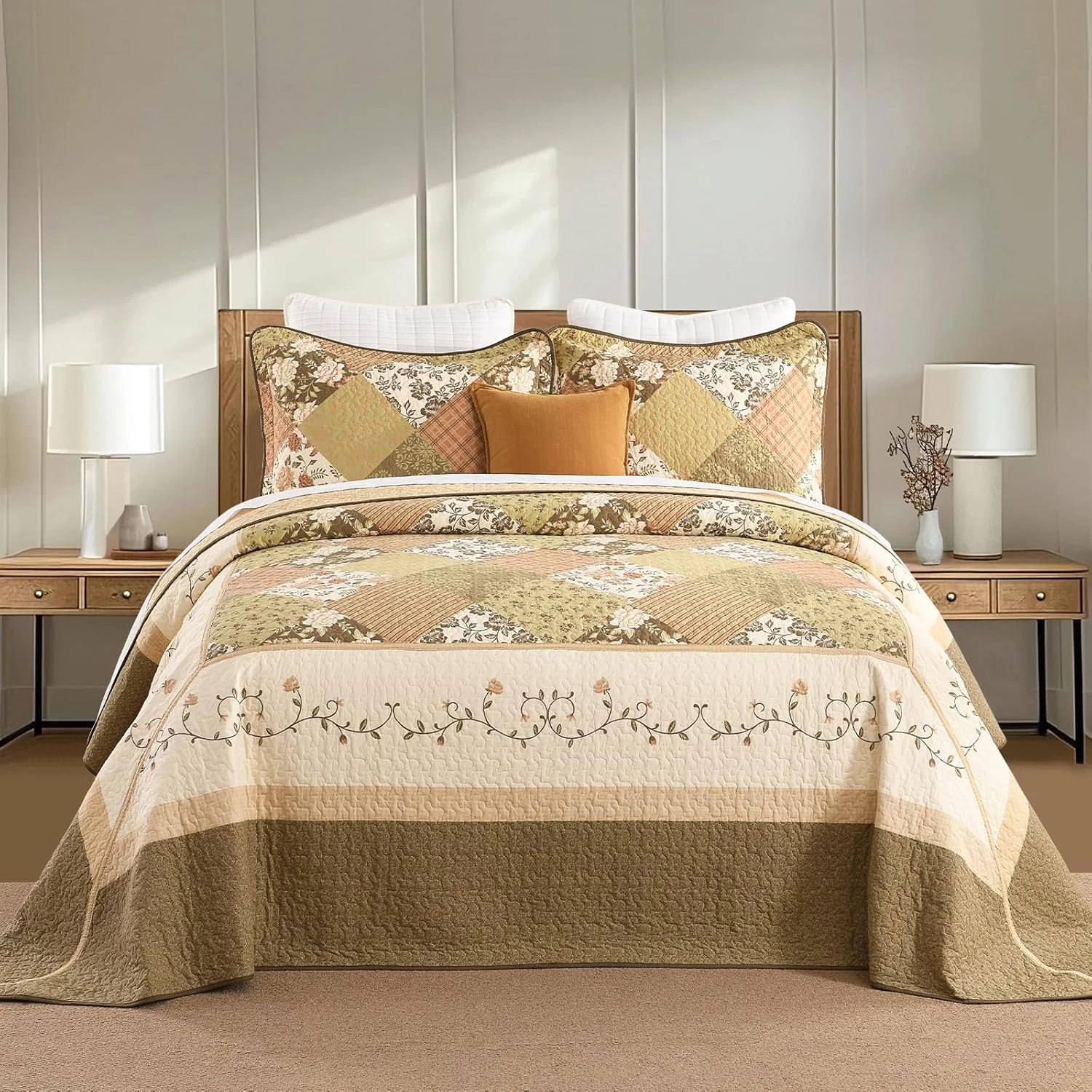 روتختی گلدار سایز بزرگ 305x305 سانتی متر مناسب تخت کینگ، لحاف کالیفرنیا کینگ 100% پنبه با 2 عدد روبالشتی، ست روانداز لحافی سبک وزن طرح خانه روستایی، قهوه ای، 3 تکه روتختی گلدار سایز بزرگ 305x305 سانتی متر مناسب تخت کینگ، لحاف کالیفرنیا کینگ 100% پنبه با 2 عدد روبالشتی، ست روانداز لحافی سبک وزن طرح خانه روستایی، قهوه ای، 3 تکه