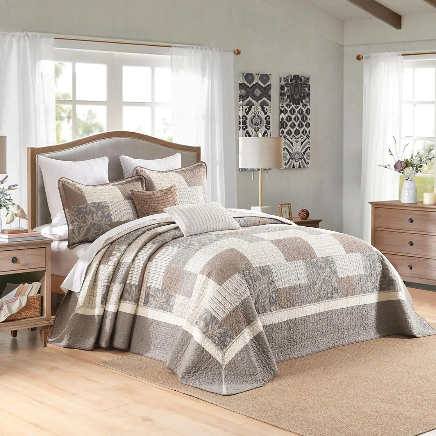 روتختی چهارخانه سایز بزرگ 305x305 سانتی متر، روتختی کینگ سایز، لحاف کالیفرنیا کینگ 100% پنبه با 2 روبالشتی، ست روتختی لحافی سبک وزن طرح خانه روستایی، قهوه ای/خاکستری/بژ، 3 تکه روتختی چهارخانه سایز بزرگ 305x305 سانتی متر، روتختی کینگ سایز، لحاف کالیفرنیا کینگ 100% پنبه با 2 روبالشتی، ست روتختی لحافی سبک وزن طرح خانه روستایی، قهوه ای/خاکستری/بژ، 3 تکه