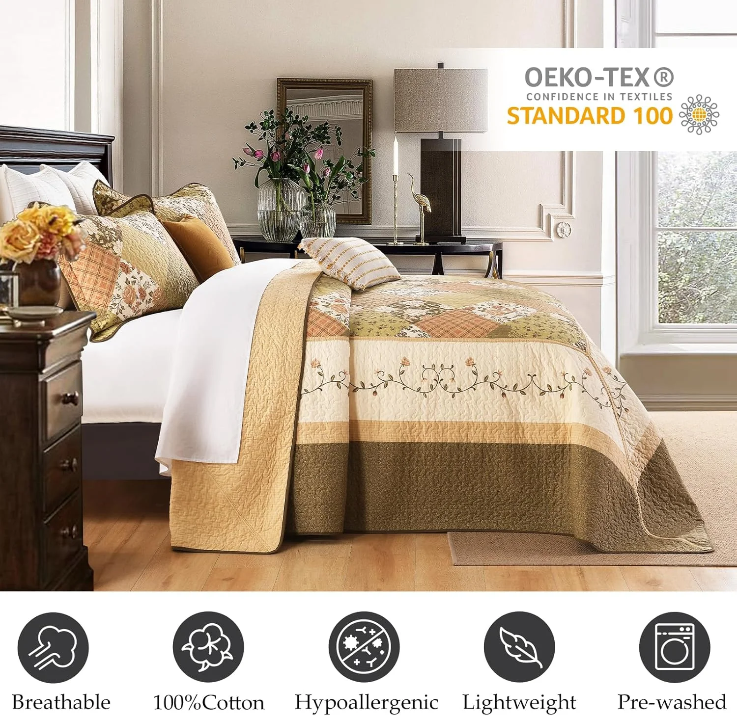 روتختی گلدار سایز بزرگ 305x305 سانتی متر مناسب تخت کینگ، لحاف کالیفرنیا کینگ 100% پنبه با 2 عدد روبالشتی، ست روانداز لحافی سبک وزن طرح خانه روستایی، قهوه ای، 3 تکه