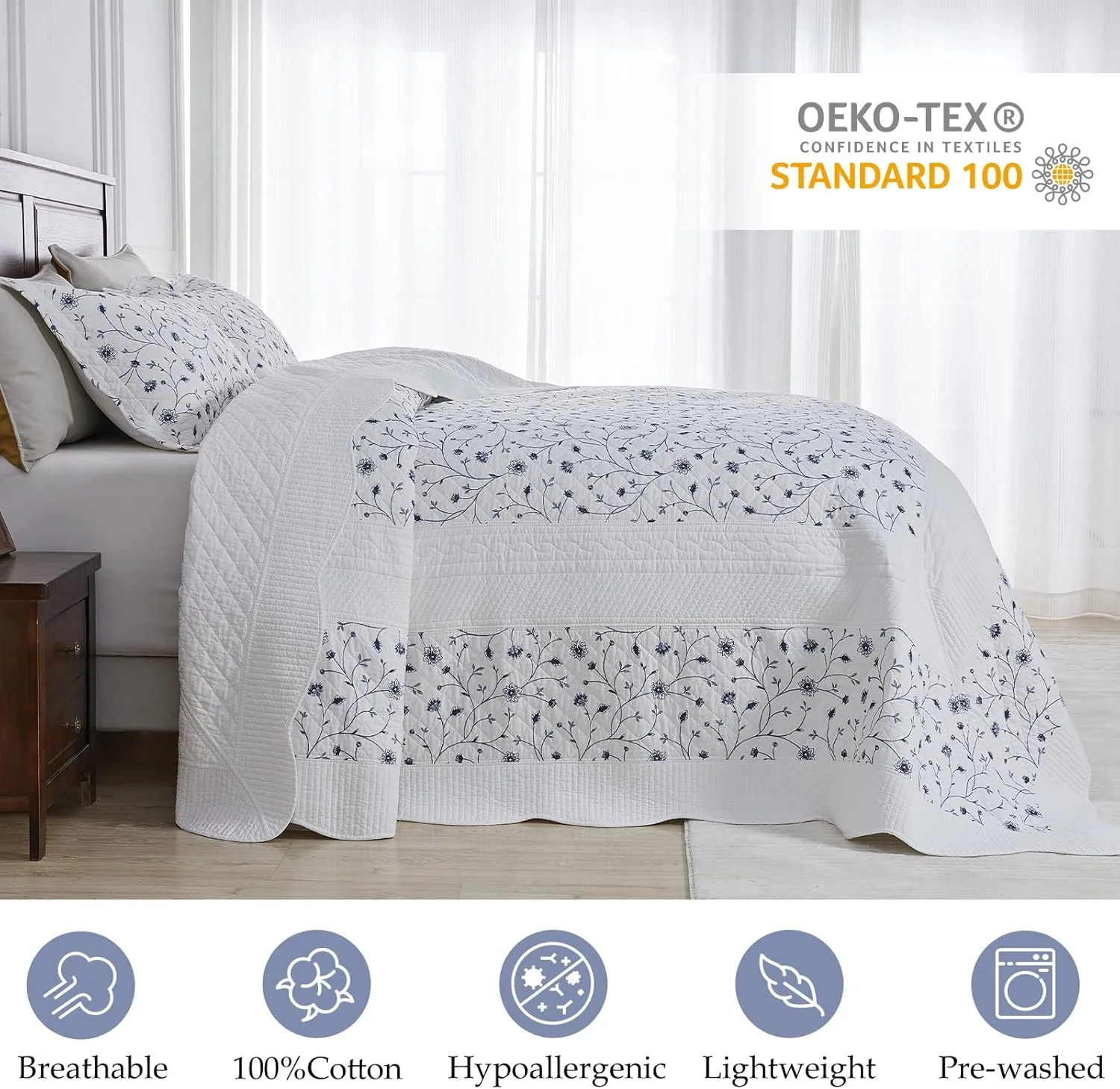 روتختی گلدار CozyStitch سایز بزرگ 305x305 سانتی متر مناسب تخت کینگ سایز بزرگ، لحاف کالیفرنیا کینگ 100% پنبه با 2 روبالشتی، ست روتختی لحافی سبک وزن طرح قدیمی، سفید/آبی، 3 تکه