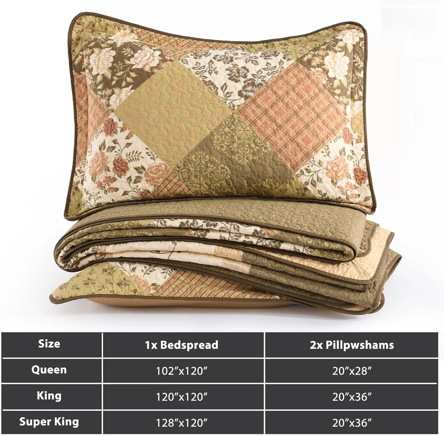 روتختی گلدار سایز بزرگ 305x305 سانتی متر مناسب تخت کینگ، لحاف کالیفرنیا کینگ 100% پنبه با 2 عدد روبالشتی، ست روانداز لحافی سبک وزن طرح خانه روستایی، قهوه ای، 3 تکه