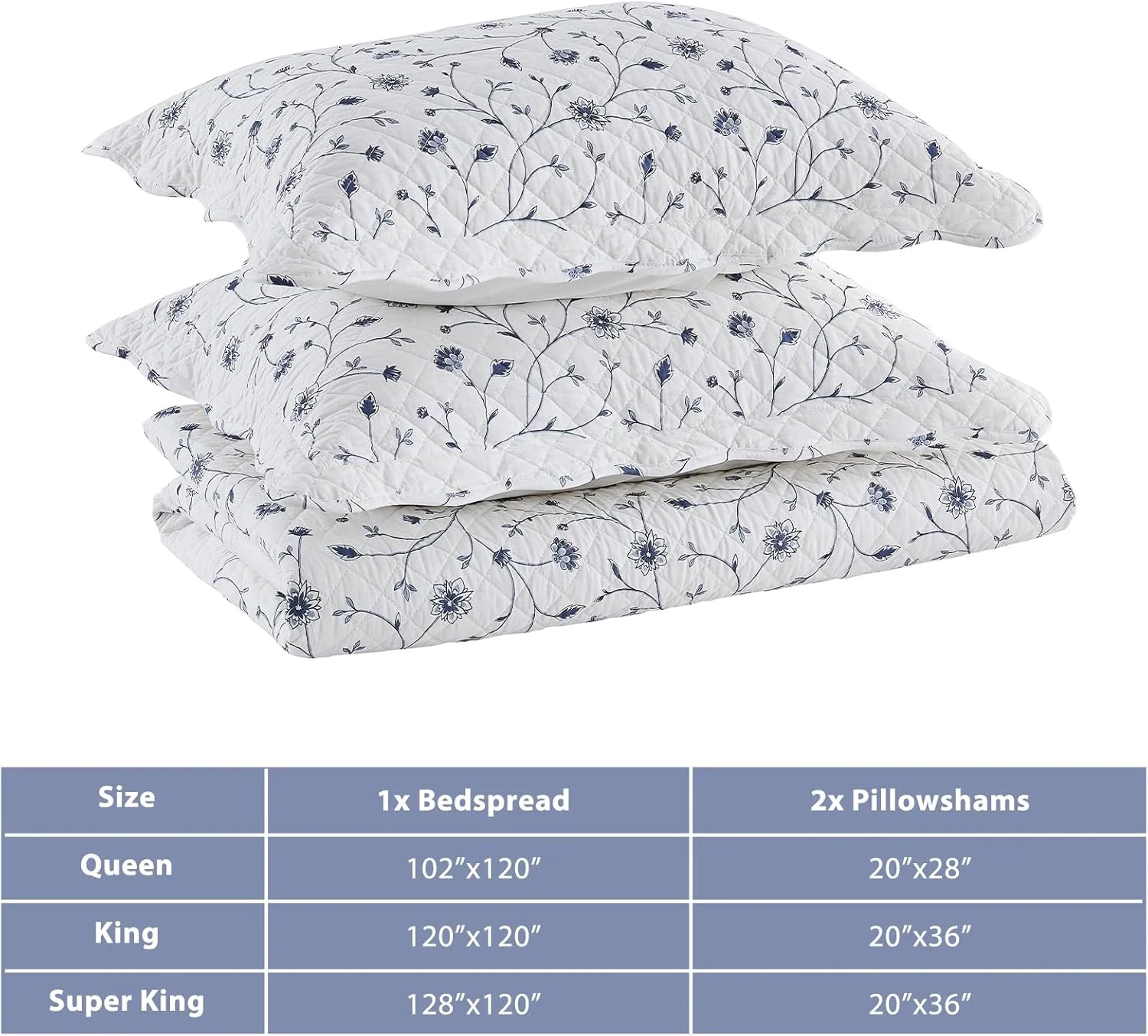 روتختی گلدار CozyStitch سایز بزرگ 305x305 سانتی متر مناسب تخت کینگ سایز بزرگ، لحاف کالیفرنیا کینگ 100% پنبه با 2 روبالشتی، ست روتختی لحافی سبک وزن طرح قدیمی، سفید/آبی، 3 تکه