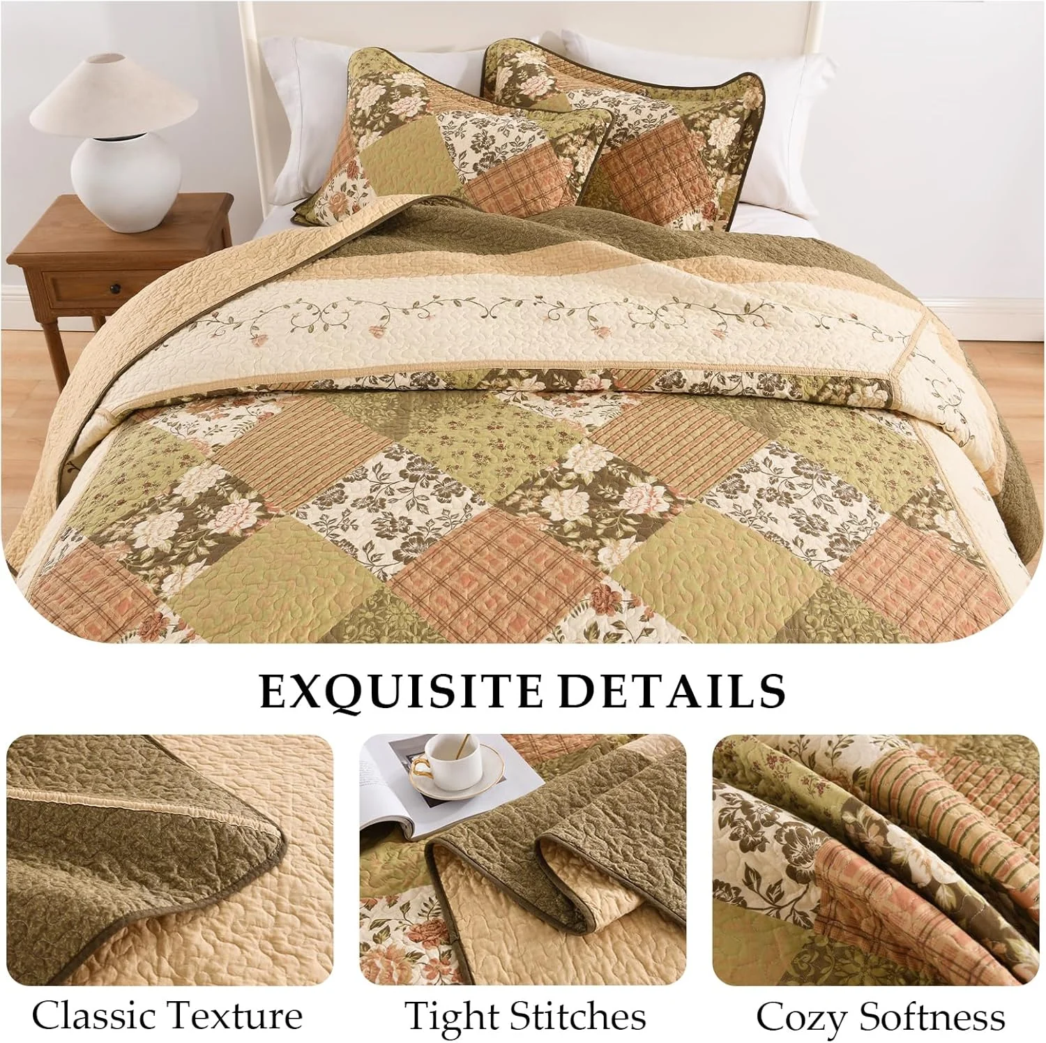 روتختی گلدار سایز بزرگ 305x305 سانتی متر مناسب تخت کینگ، لحاف کالیفرنیا کینگ 100% پنبه با 2 عدد روبالشتی، ست روانداز لحافی سبک وزن طرح خانه روستایی، قهوه ای، 3 تکه