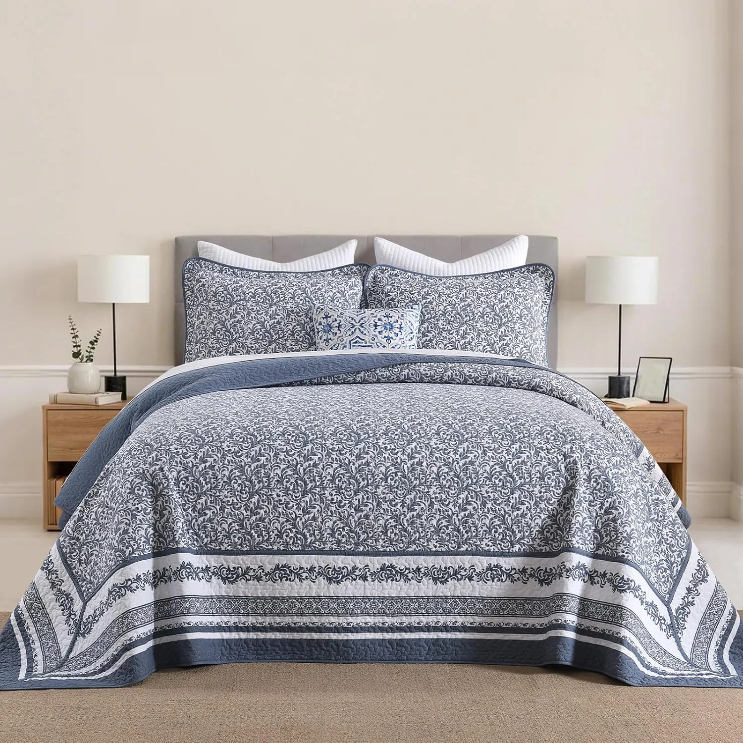 روتختی گلدار سایز 325x305 سانتی متر مناسب تخت کالیفرنیا کینگ، لحاف بزرگ پنبه ای با 2 روبالشتی، ست روانداز لحافی سبک وزن طرح گیاهی، آبی/سفید، 3 تکه روتختی گلدار سایز 325x305 سانتی متر مناسب تخت کالیفرنیا کینگ، لحاف بزرگ پنبه ای با 2 روبالشتی، ست روانداز لحافی سبک وزن طرح گیاهی، آبی/سفید، 3 تکه