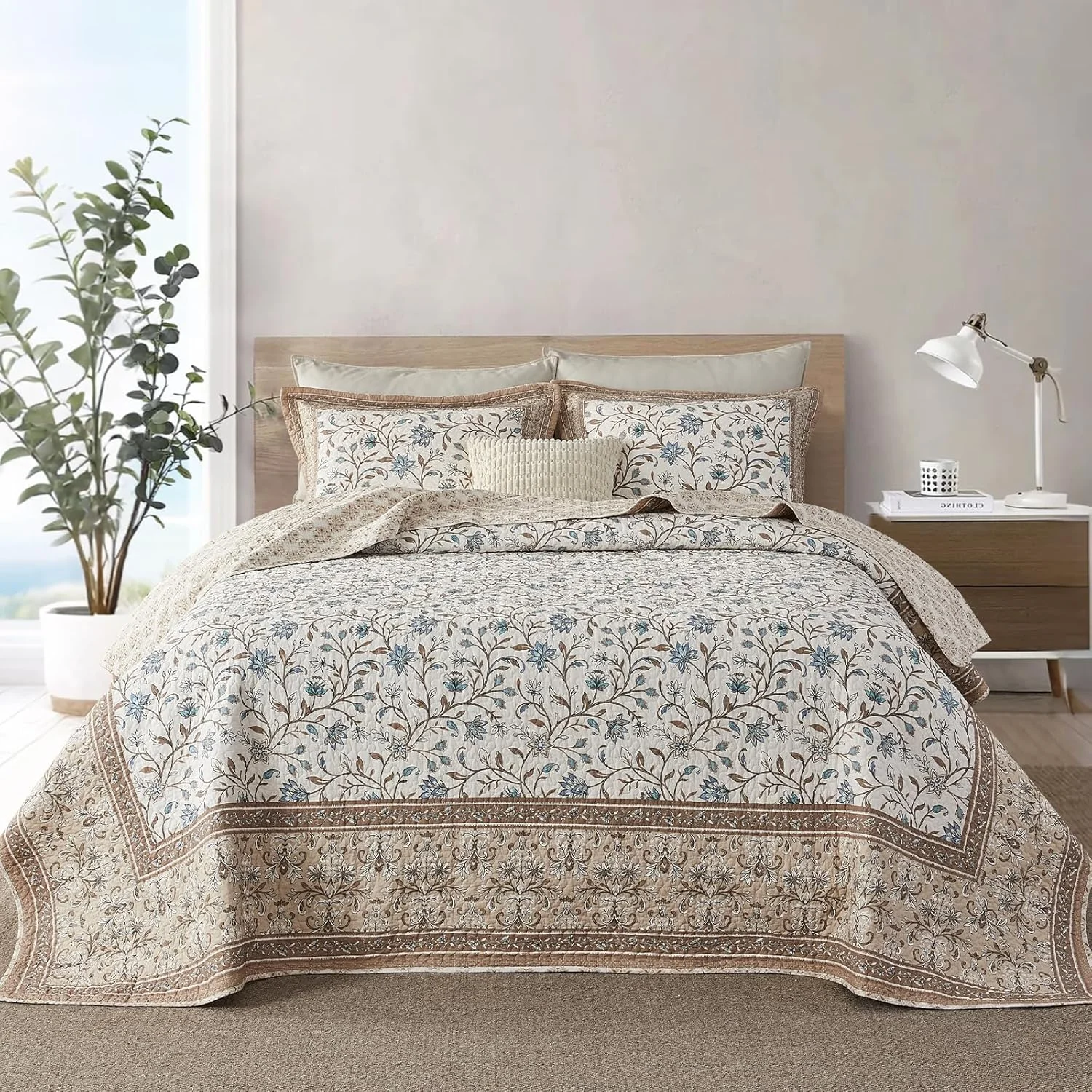 روتختی لحافی بزرگ CozyStitch، 305x305 سانتیمتر، 100% پنبه سبک وزن، ست روتختی دو رو، طرح گلدار قدیمی، 3 تکه، قهوهای/آبیسبز روتختی لحافی بزرگ CozyStitch، 305x305 سانتیمتر، 100% پنبه سبک وزن، ست روتختی دو رو، طرح گلدار قدیمی، 3 تکه، قهوهای/آبیسبز