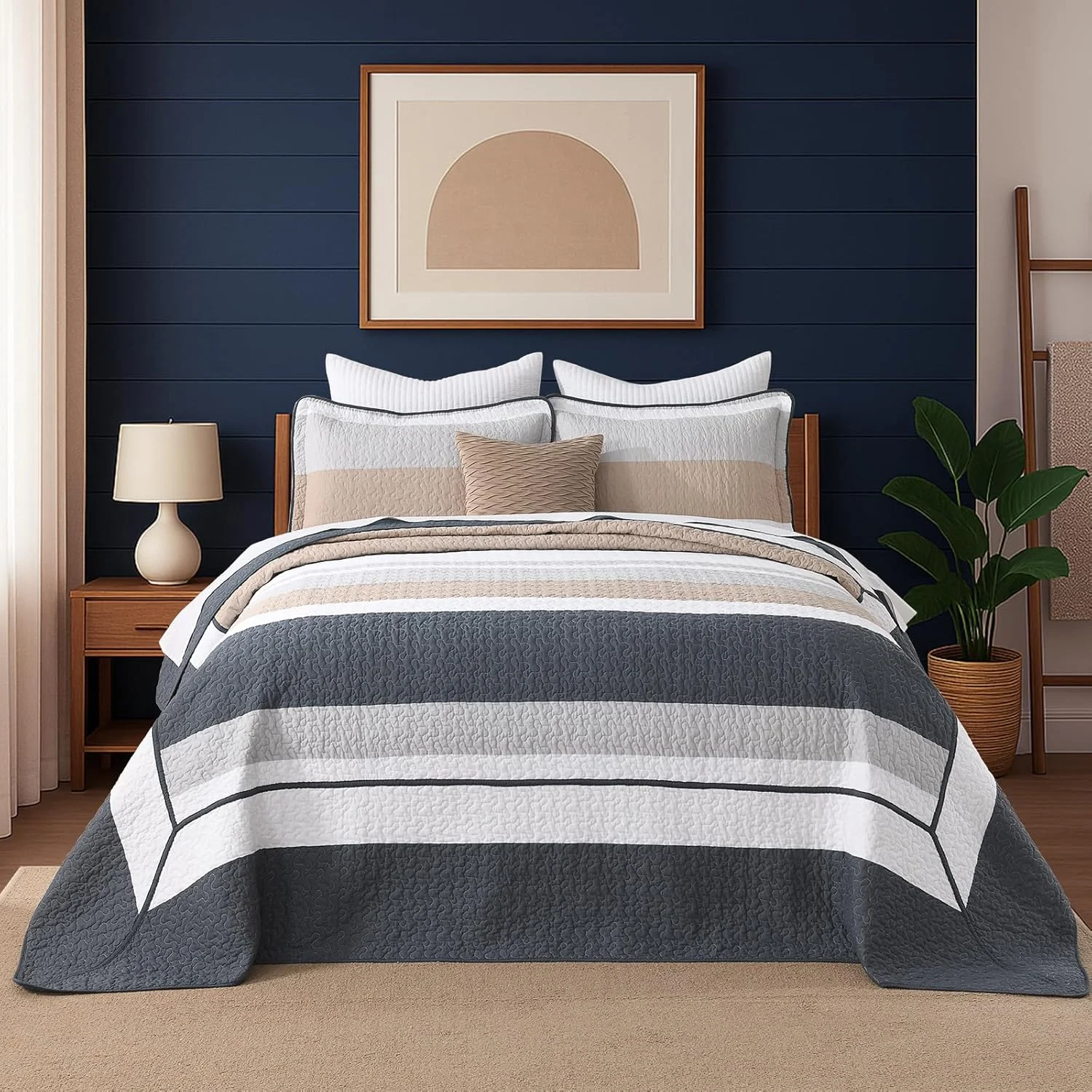 روتختی راه راه سایز بزرگ کینگ 305x305 سانتی متر - طراحی مدرن خیلی بزرگ برای تخت کالیفرنیا کینگ | روتختی لحاف پنبه ای سبک وزن به رنگ های قهوه ای، سرمه ای، خاکستری | دکوراسیون منزل به سبک هتلی