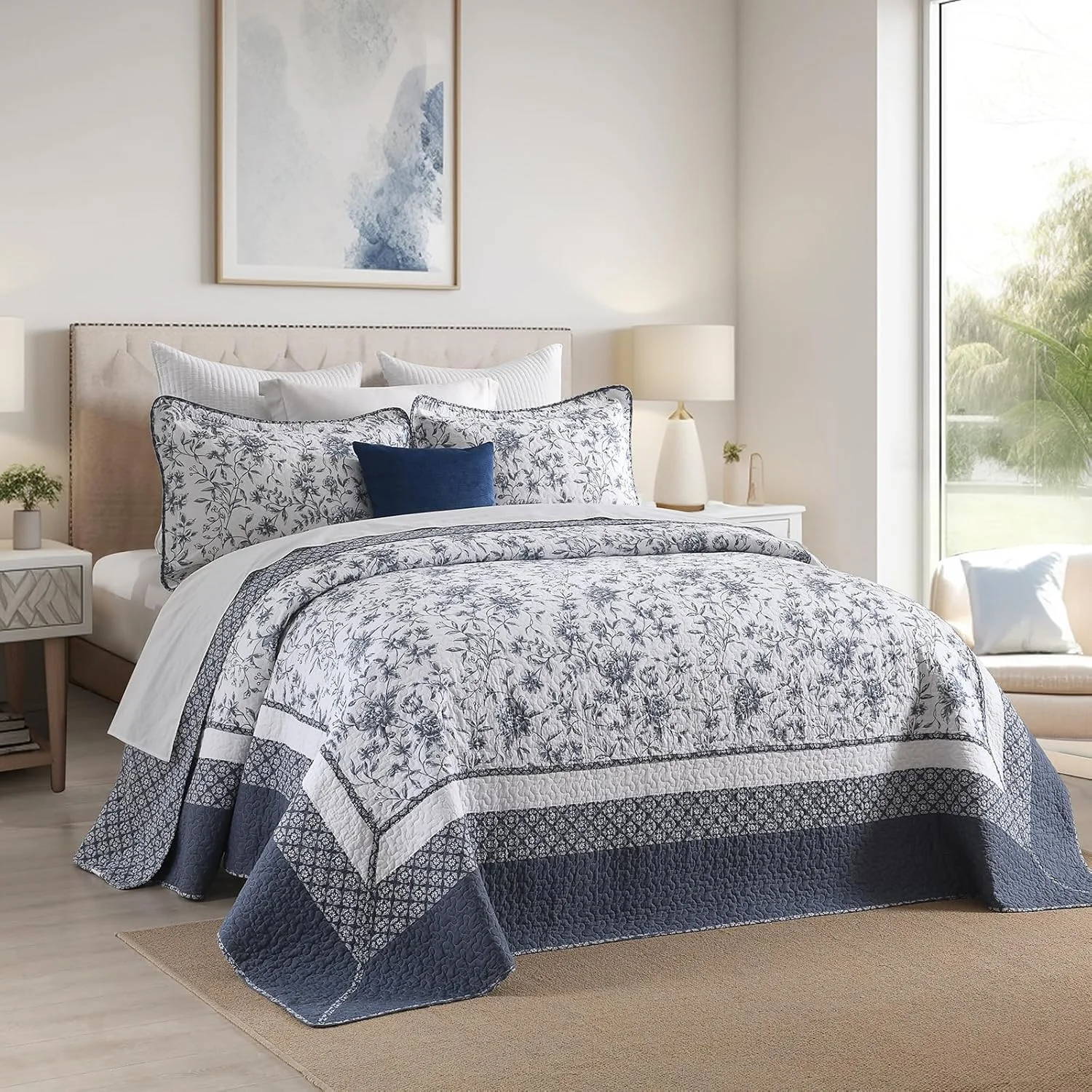 روتختی گلدار CozyStitch سایز بزرگ 259x305 سانتی متر، لحاف پنبه ای سایز بزرگ همراه با 2 روبالشتی، ست روتختی لحافی سبک وزن طرح باغ، آبی/سفید، 3 تکه