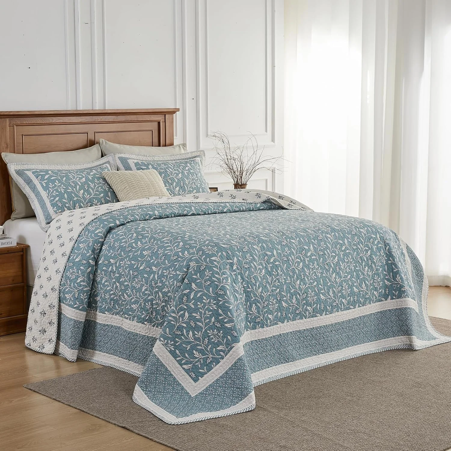 روتختی لحاف دار بزرگ سایز کوئین سبک وزن 259x305 سانتی متر، 100% پنبه دو رو با 2 روبالشتی، ست روتختی طرح گلدار خانه روستایی، آبی فیروزه ای، 3 تکه روتختی لحاف دار بزرگ سایز کوئین سبک وزن 259x305 سانتی متر، 100% پنبه دو رو با 2 روبالشتی، ست روتختی طرح گلدار خانه روستایی، آبی فیروزه ای، 3 تکه