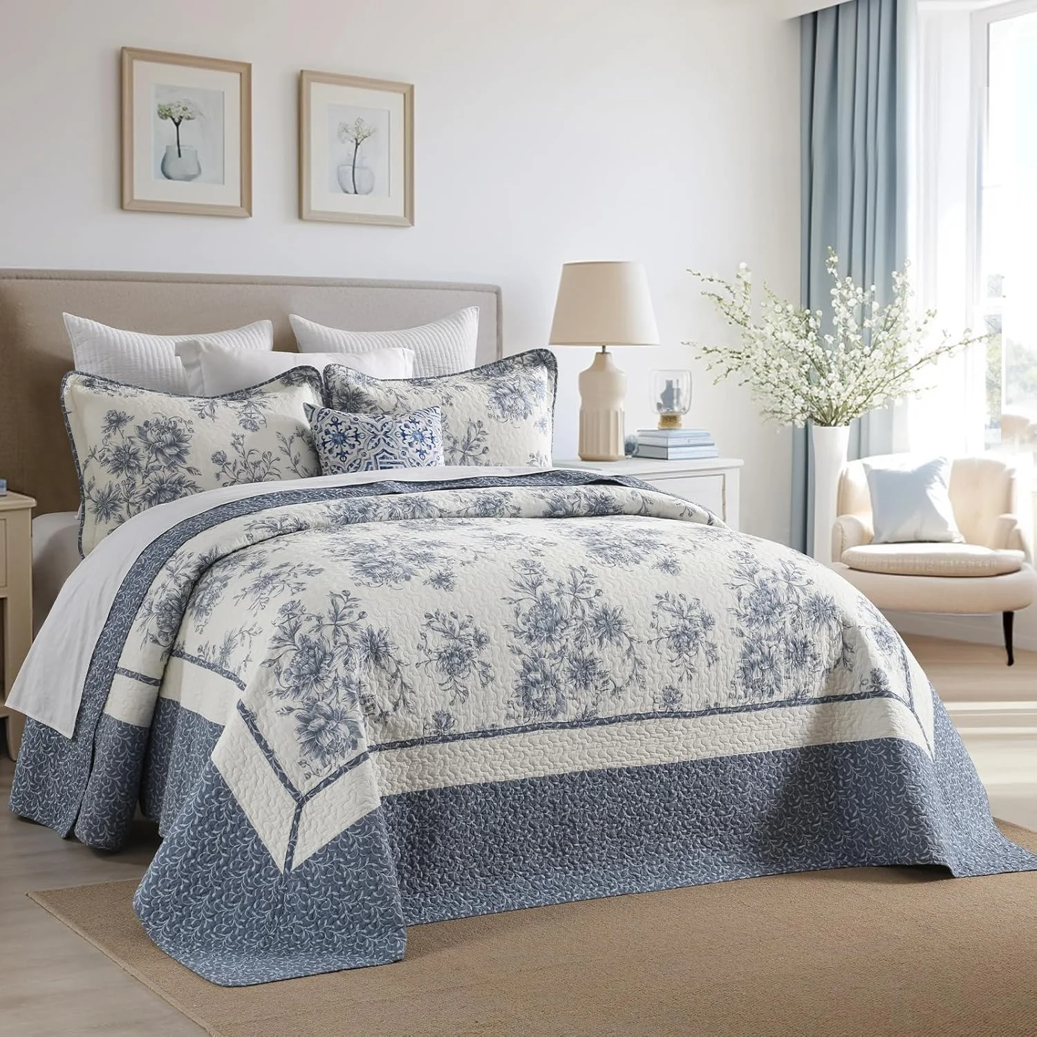 روتختی گلدار سایز بزرگ 260x305 سانتی متر مناسب تخت کوئین، لحاف کوئین سایز بزرگ 100% پنبه با 2 روبالشتی، ست روانداز لحافی سبک وزن طرح باغ، آبی/کرم، 3 تکه روتختی گلدار سایز بزرگ 260x305 سانتی متر مناسب تخت کوئین، لحاف کوئین سایز بزرگ 100% پنبه با 2 روبالشتی، ست روانداز لحافی سبک وزن طرح باغ، آبی/کرم، 3 تکه