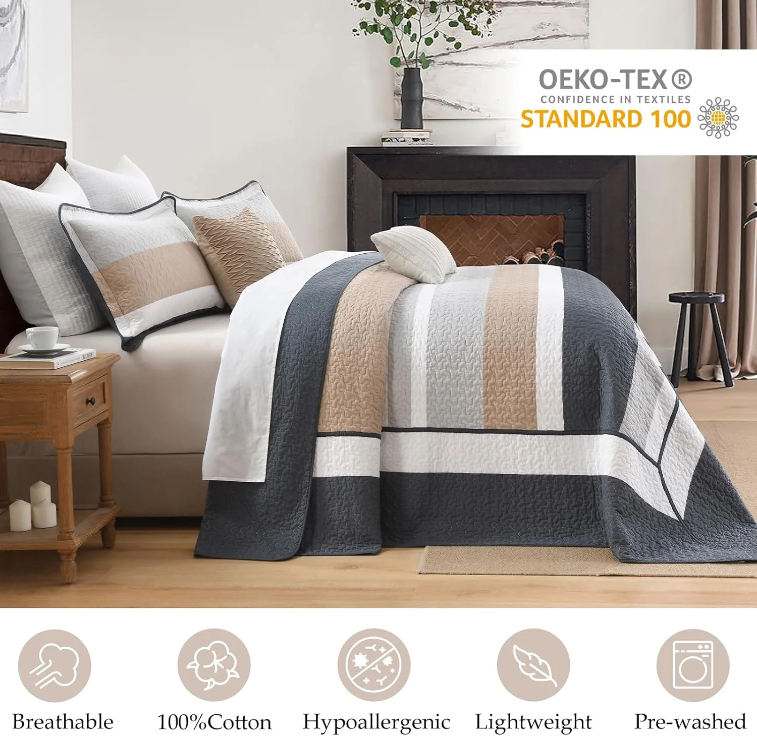روتختی راه راه سایز بزرگ کینگ 305x305 سانتی متر - طراحی مدرن خیلی بزرگ برای تخت کالیفرنیا کینگ | روتختی لحاف پنبه ای سبک وزن به رنگ های قهوه ای، سرمه ای، خاکستری | دکوراسیون منزل به سبک هتلی
