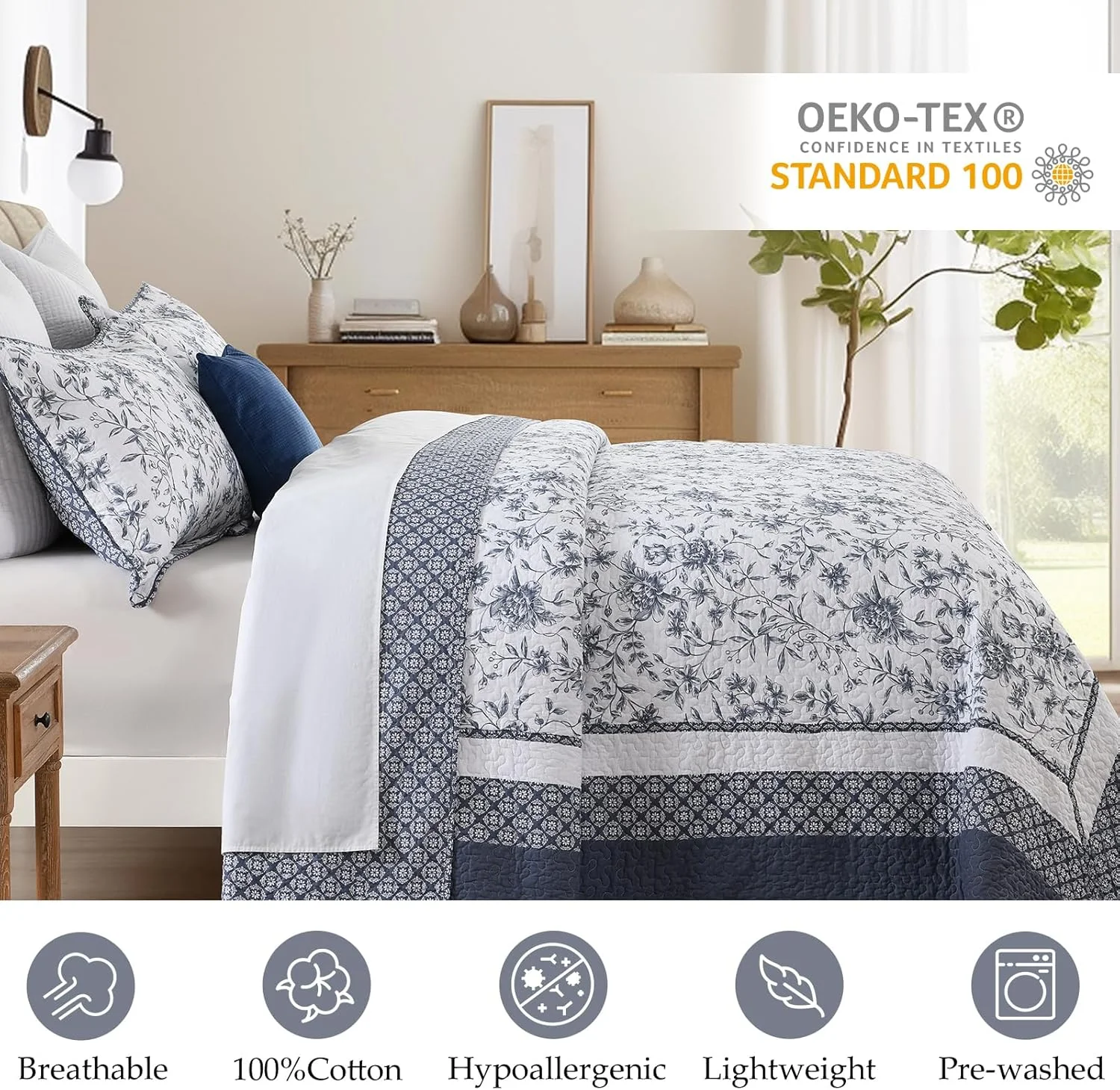روتختی گلدار CozyStitch سایز بزرگ 259x305 سانتی متر، لحاف پنبه ای سایز بزرگ همراه با 2 روبالشتی، ست روتختی لحافی سبک وزن طرح باغ، آبی/سفید، 3 تکه