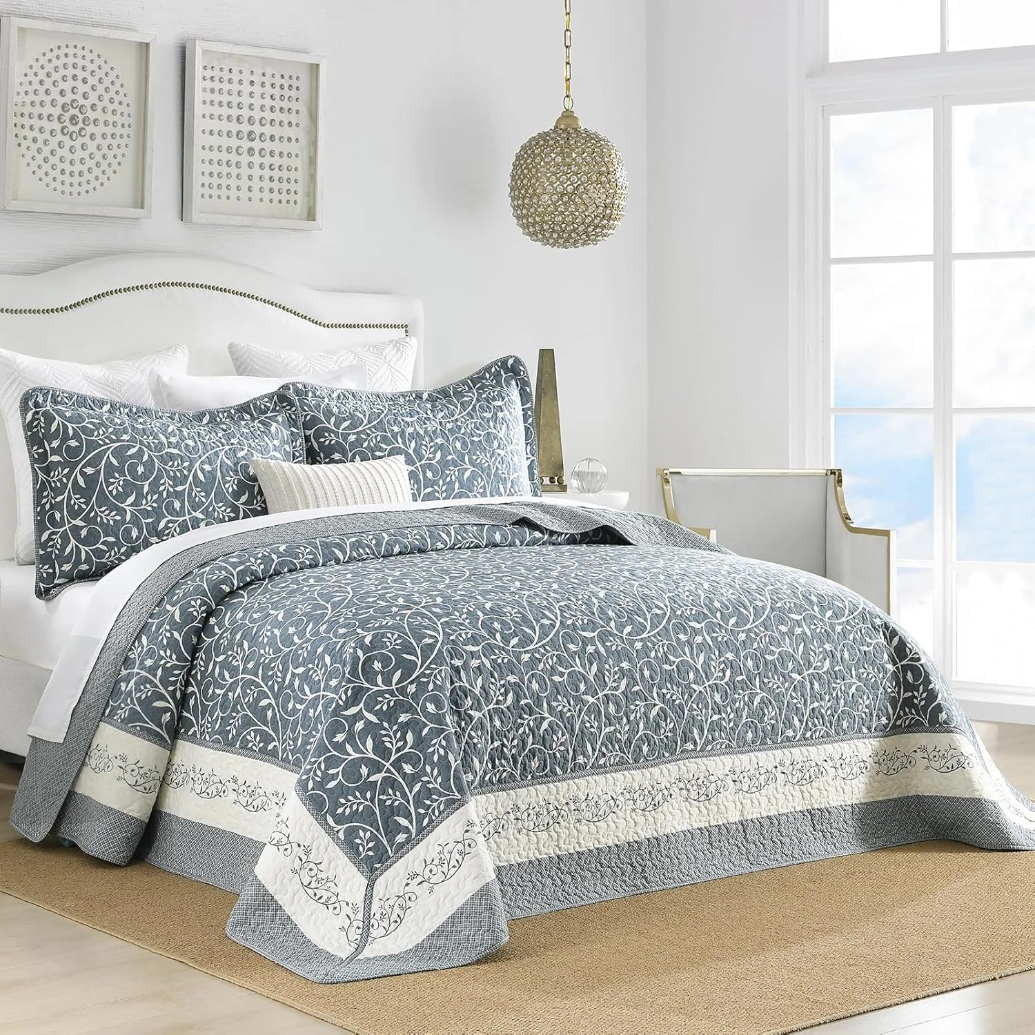 روتختی بزرگ سایز کویین CozyStitch، ابعاد 259 در 305 سانتیمتر، 100% پنبه، لحاف کویین فوقالعاده بزرگ با 2 روبالشی، ست روانداز لحافی طرحدار سبک وزن، آبی-خاکستری/سفید مایل به کرم، 3 تکه روتختی بزرگ سایز کویین CozyStitch، ابعاد 259 در 305 سانتیمتر، 100% پنبه، لحاف کویین فوقالعاده بزرگ با 2 روبالشی، ست روانداز لحافی طرحدار سبک وزن، آبی-خاکستری/سفید مایل به کرم، 3 تکه