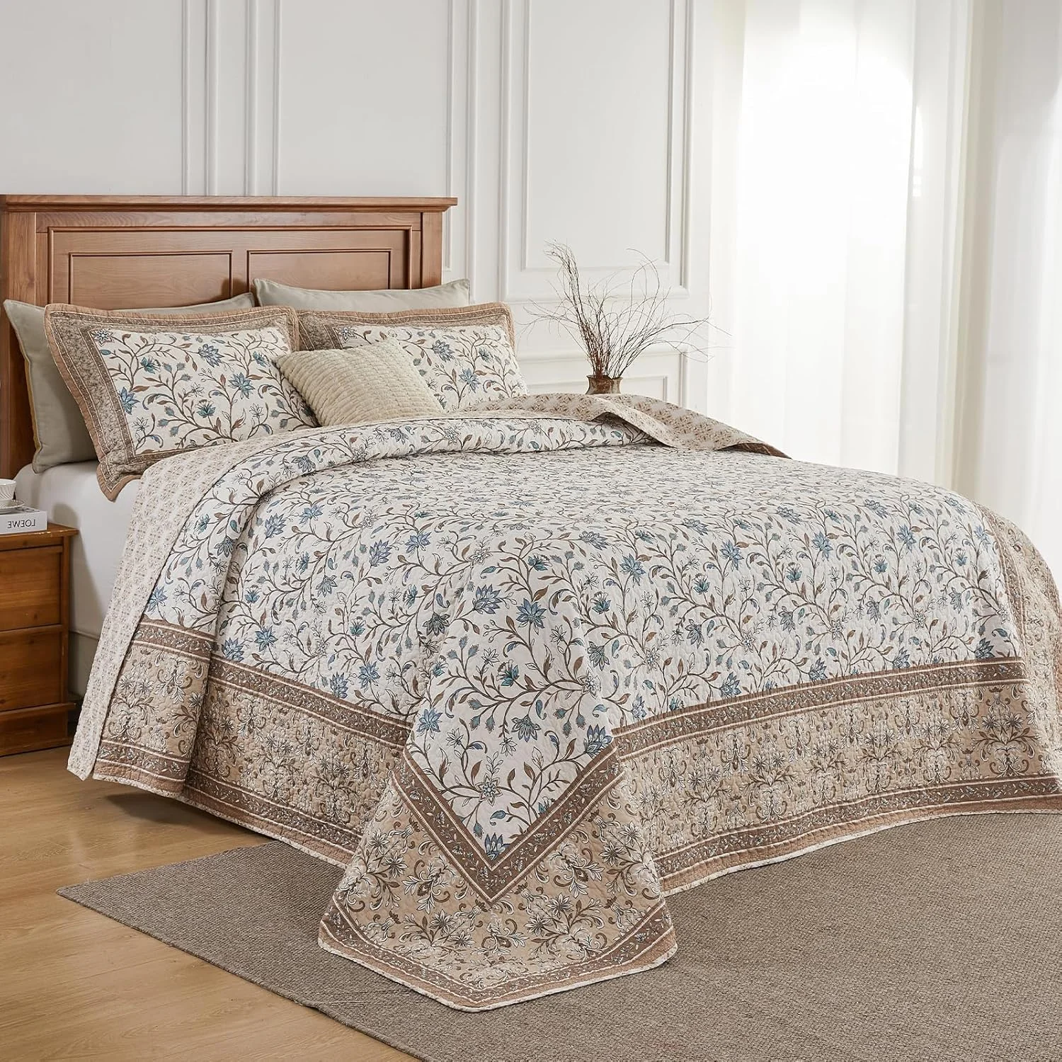 روتختی لحافی بزرگ CozyStitch، 305x305 سانتی‌متر، 100% پنبه سبک وزن، ست روتختی دو رو، طرح گلدار قدیمی، 3 تکه، قهوه‌ای/آبی‌سبز