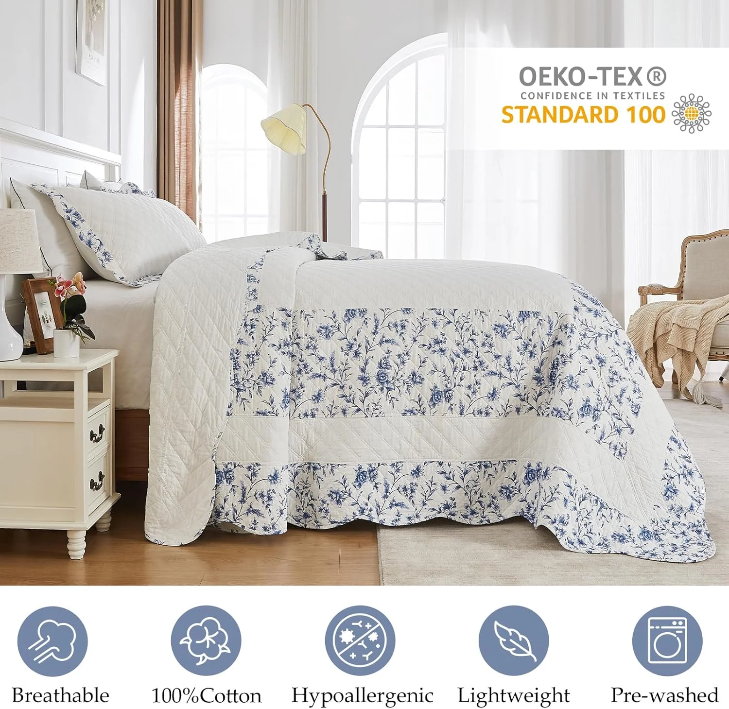 روتختی گلدار CozyStitch سایز بزرگ 259x305 سانتی متر مناسب تخت کوئین، لحاف کوئین سایز بزرگ 100% پنبه با 2 روبالشتی، ست رو تختی لحافی سبک وزن طرح خانه روستایی، سفید/آبی، 3 تکه روتختی گلدار CozyStitch سایز بزرگ 259x305 سانتی متر مناسب تخت کوئین، لحاف کوئین سایز بزرگ 100% پنبه با 2 روبالشتی، ست رو تختی لحافی سبک وزن طرح خانه روستایی، سفید/آبی، 3 تکه