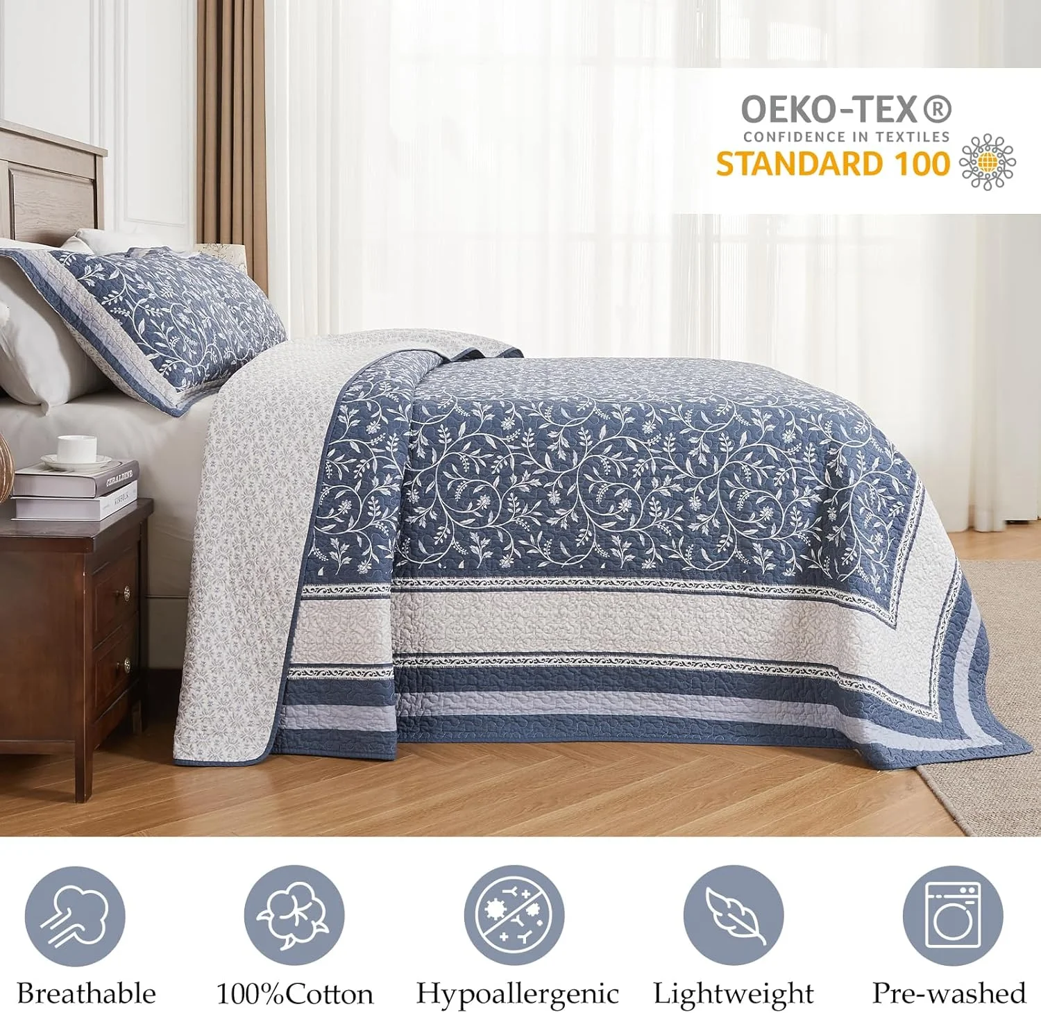 روتختی بزرگ کالیفرنیا کینگ CozyStitch - رو تختی لحافی سبک وزن 100% پنبه - ملحفه نرم و برگشت پذیر، طرح گل های گیاهی - شامل 1 روتختی (325x305 سانتی متر) + 2 روبالشی آبی-خاکستری