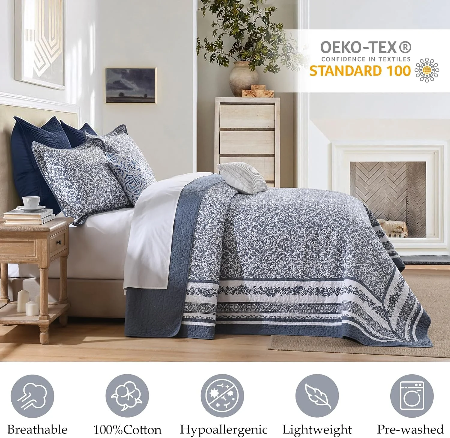 روتختی گلدار سایز 325x305 سانتی متر مناسب تخت کالیفرنیا کینگ، لحاف بزرگ پنبه ای با 2 روبالشتی، ست روانداز لحافی سبک وزن طرح گیاهی، آبی/سفید، 3 تکه روتختی گلدار سایز 325x305 سانتی متر مناسب تخت کالیفرنیا کینگ، لحاف بزرگ پنبه ای با 2 روبالشتی، ست روانداز لحافی سبک وزن طرح گیاهی، آبی/سفید، 3 تکه