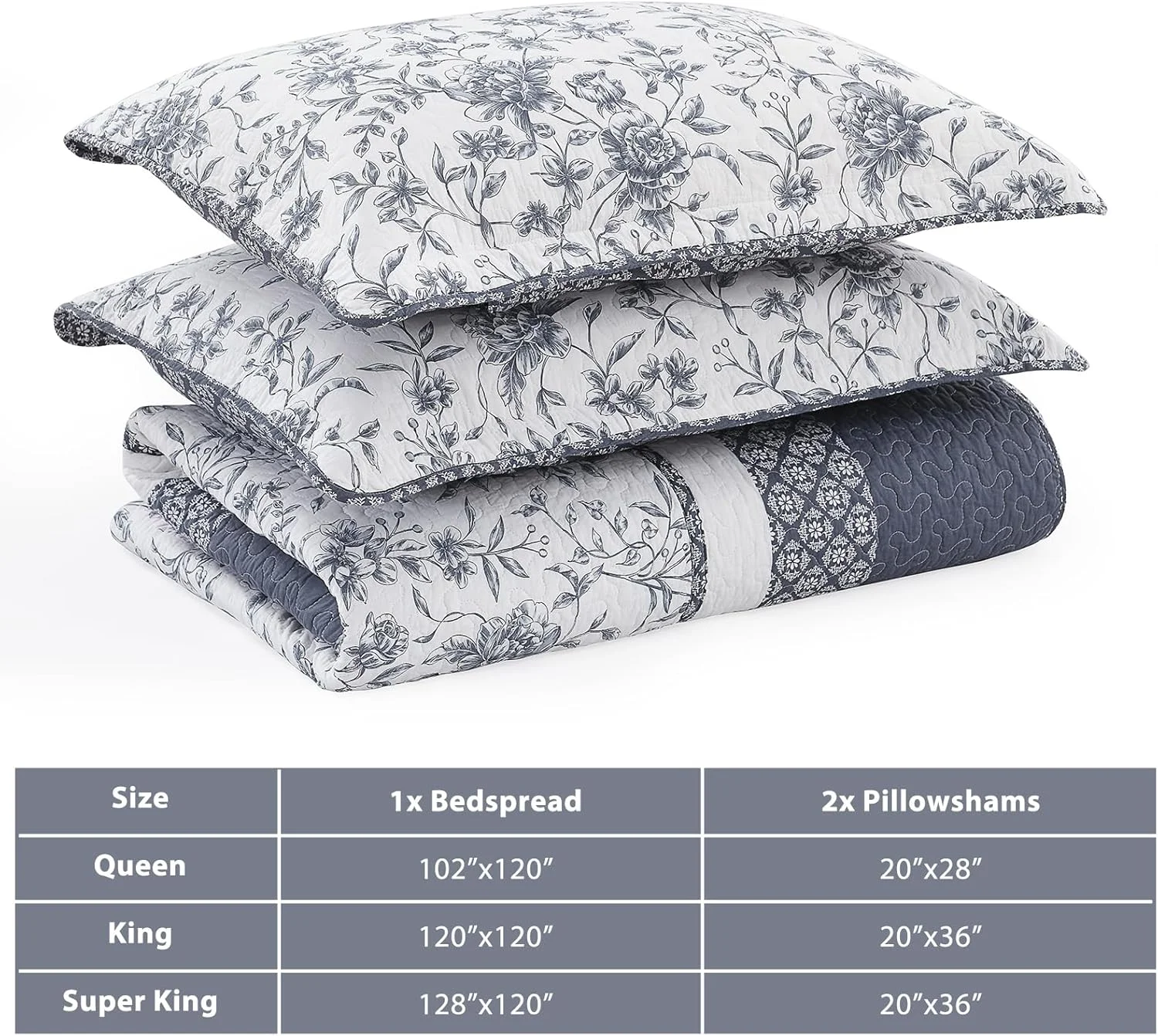 روتختی گلدار CozyStitch سایز بزرگ 259x305 سانتی متر، لحاف پنبه ای سایز بزرگ همراه با 2 روبالشتی، ست روتختی لحافی سبک وزن طرح باغ، آبی/سفید، 3 تکه