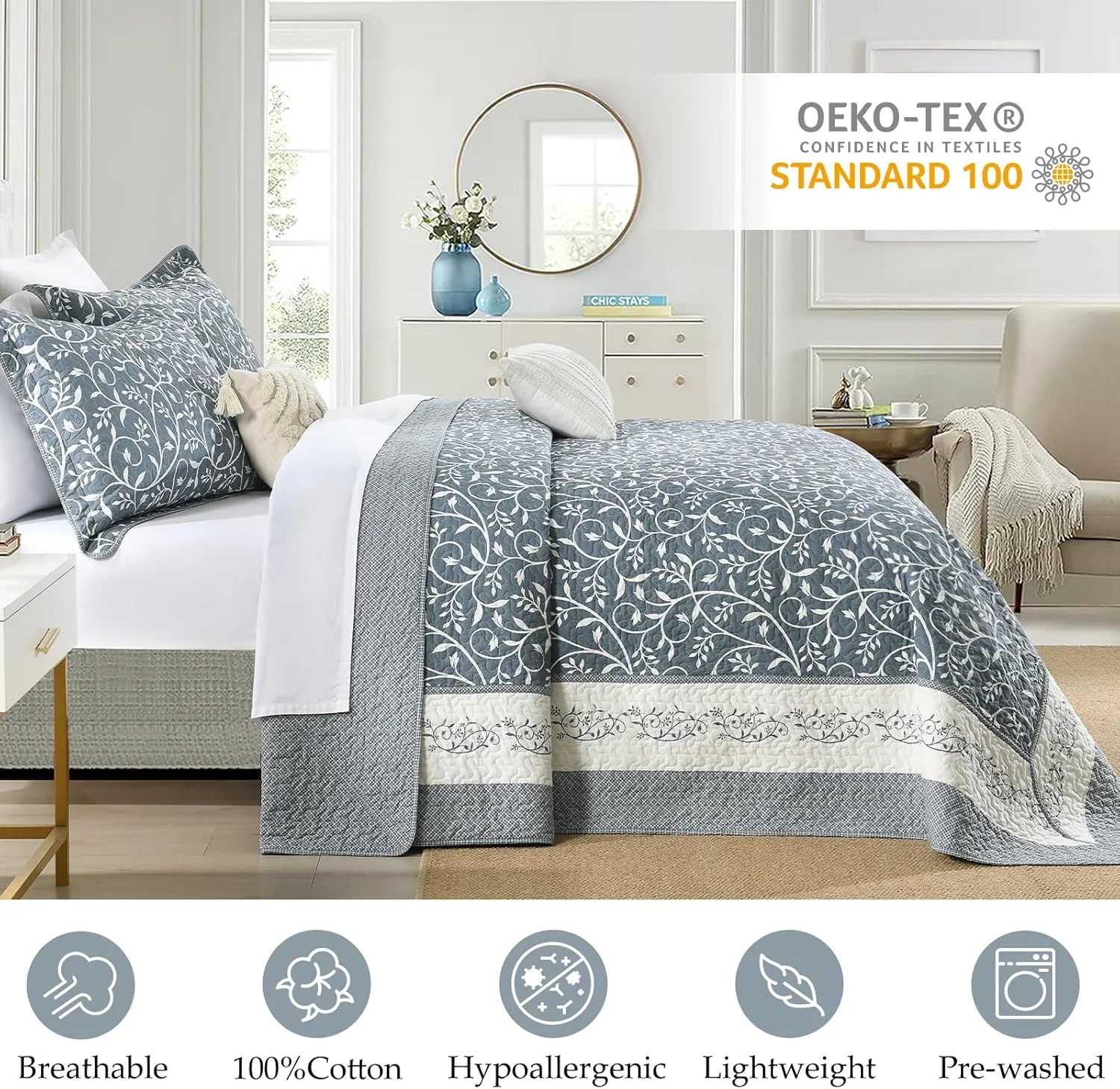 روتختی بزرگ سایز کویین CozyStitch، ابعاد 259 در 305 سانتیمتر، 100% پنبه، لحاف کویین فوقالعاده بزرگ با 2 روبالشی، ست روانداز لحافی طرحدار سبک وزن، آبی-خاکستری/سفید مایل به کرم، 3 تکه روتختی بزرگ سایز کویین CozyStitch، ابعاد 259 در 305 سانتیمتر، 100% پنبه، لحاف کویین فوقالعاده بزرگ با 2 روبالشی، ست روانداز لحافی طرحدار سبک وزن، آبی-خاکستری/سفید مایل به کرم، 3 تکه