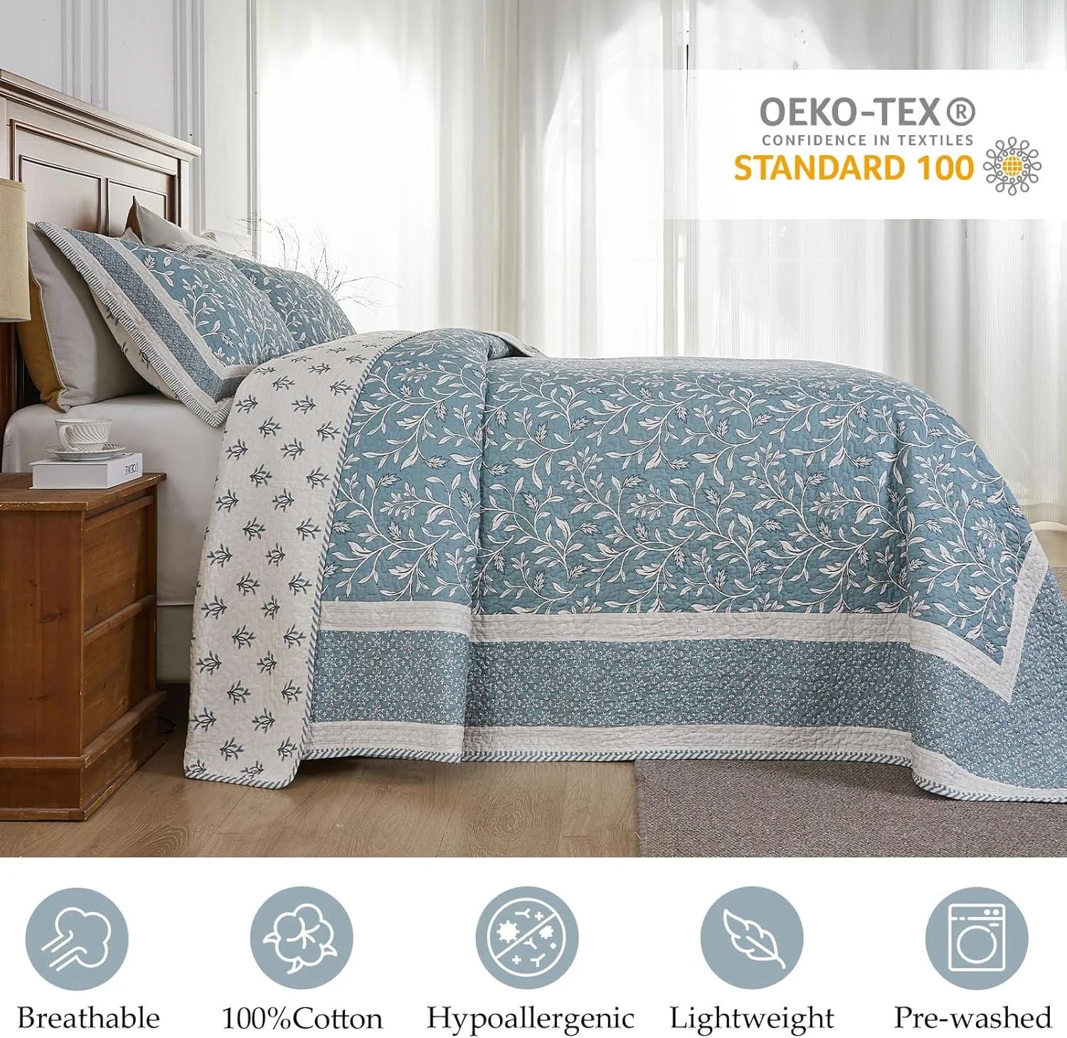 روتختی لحاف دار بزرگ سایز کوئین سبک وزن 259x305 سانتی متر، 100% پنبه دو رو با 2 روبالشتی، ست روتختی طرح گلدار خانه روستایی، آبی فیروزه ای، 3 تکه روتختی لحاف دار بزرگ سایز کوئین سبک وزن 259x305 سانتی متر، 100% پنبه دو رو با 2 روبالشتی، ست روتختی طرح گلدار خانه روستایی، آبی فیروزه ای، 3 تکه
