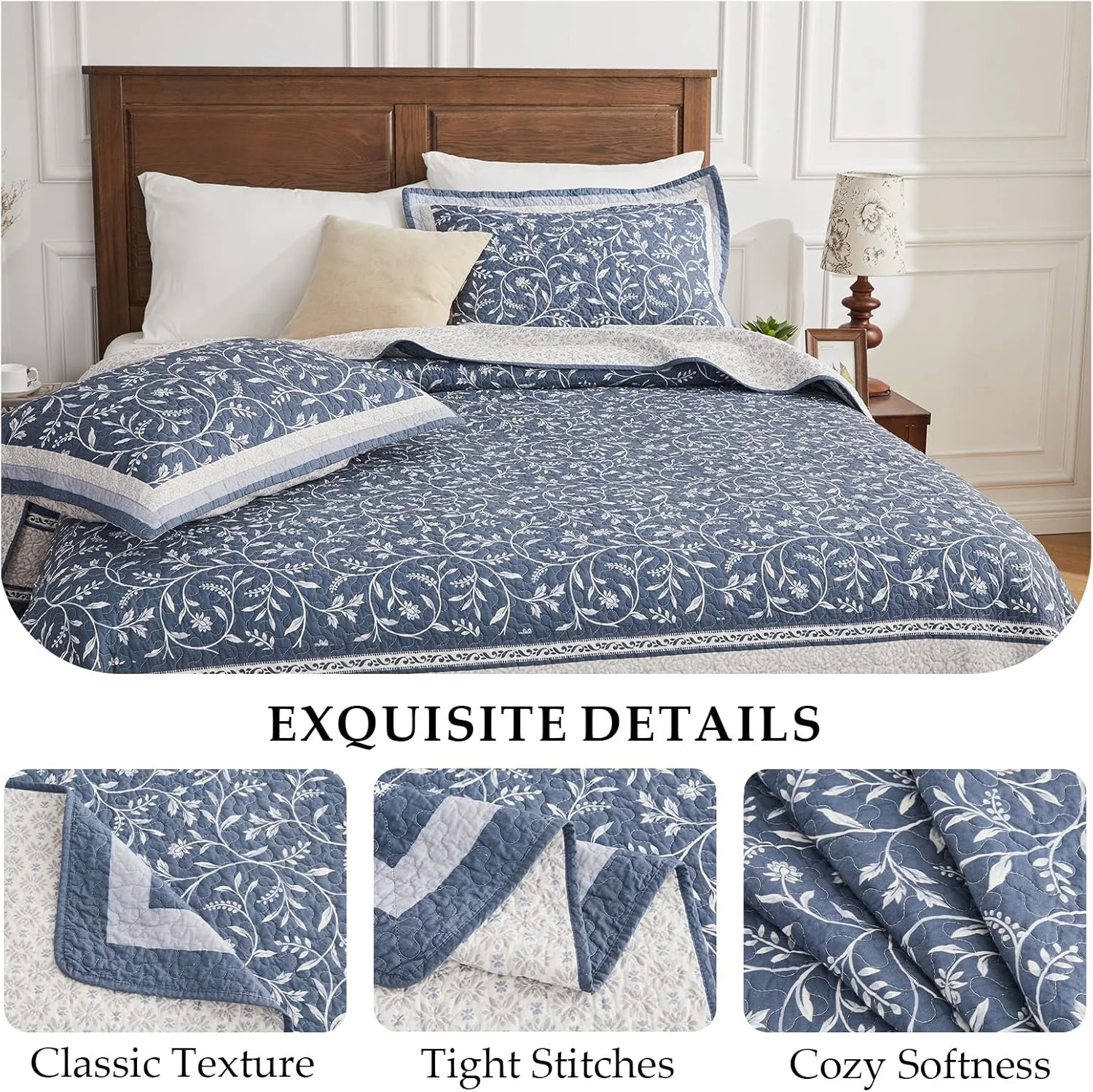 روتختی بزرگ کالیفرنیا کینگ CozyStitch - رو تختی لحافی سبک وزن 100% پنبه - ملحفه نرم و برگشت پذیر، طرح گل های گیاهی - شامل 1 روتختی (325x305 سانتی متر) + 2 روبالشی آبی-خاکستری