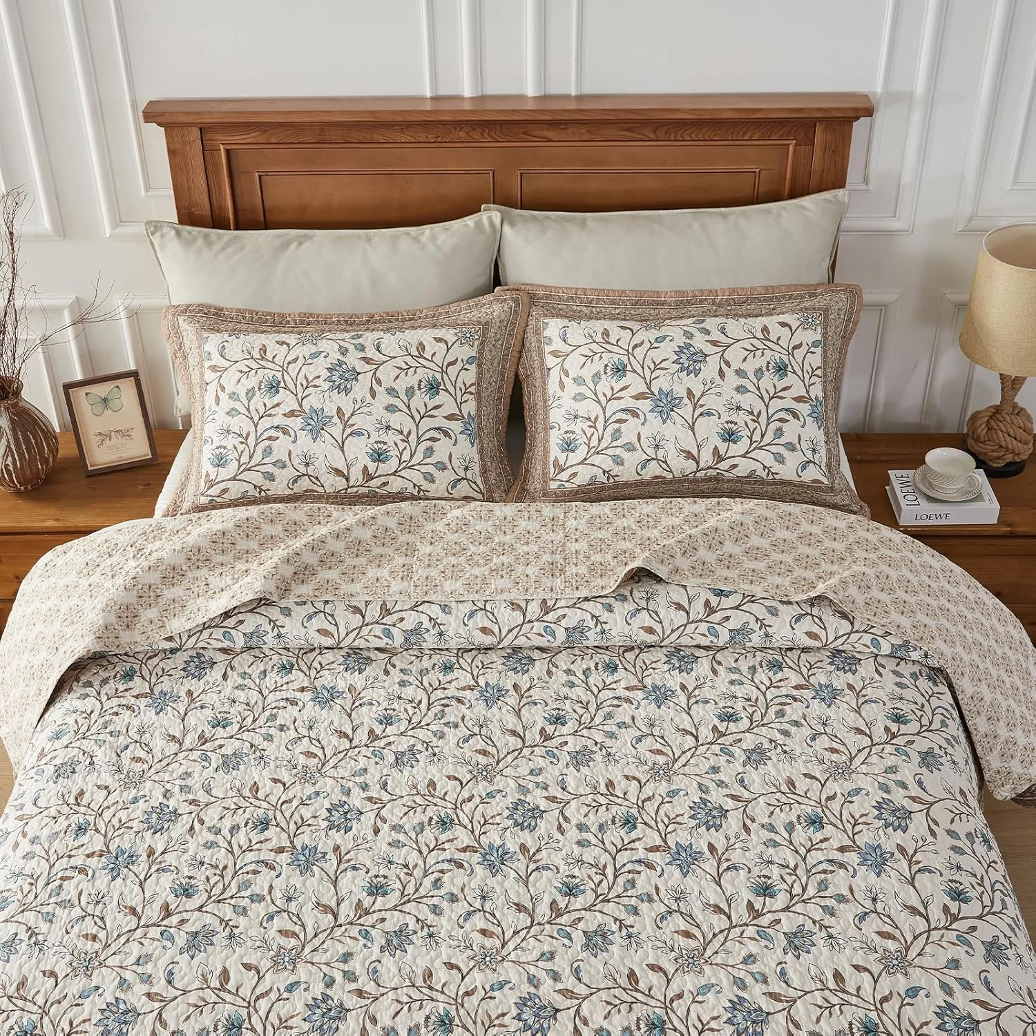 روتختی لحافی بزرگ CozyStitch، 305x305 سانتی‌متر، 100% پنبه سبک وزن، ست روتختی دو رو، طرح گلدار قدیمی، 3 تکه، قهوه‌ای/آبی‌سبز