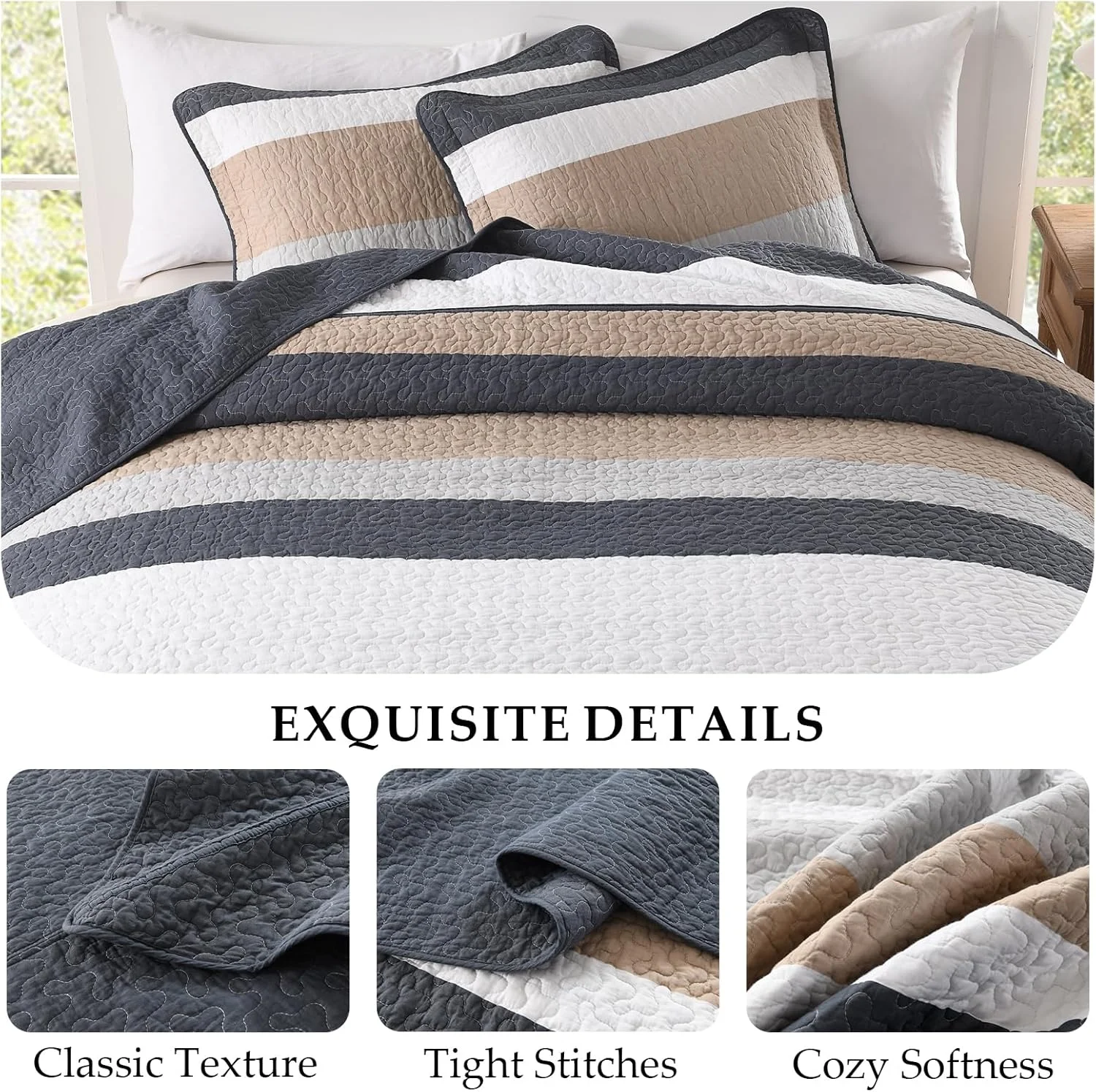 روتختی راه راه سایز بزرگ کینگ 305x305 سانتی متر - طراحی مدرن خیلی بزرگ برای تخت کالیفرنیا کینگ | روتختی لحاف پنبه ای سبک وزن به رنگ های قهوه ای، سرمه ای، خاکستری | دکوراسیون منزل به سبک هتلی