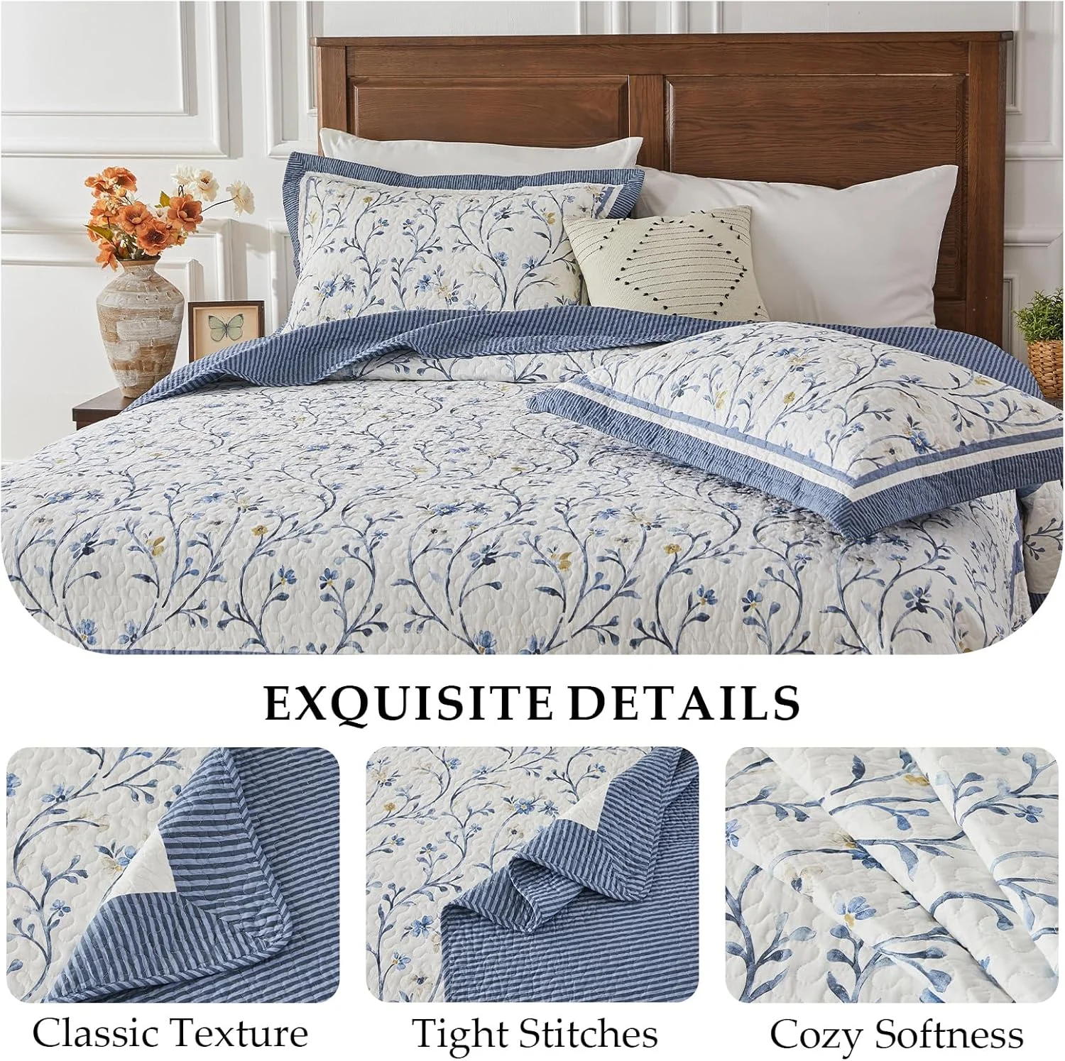 روتختی کینگ سایز بزرگ 325x305 سانتی متر - رو تختی لحافی سبک وزن تمام فصل پنبه ای 100% با طرح گل های رونده - روتختی شیک مدرن و روستایی - لحاف کینگ سایز بزرگ آبی/سفید