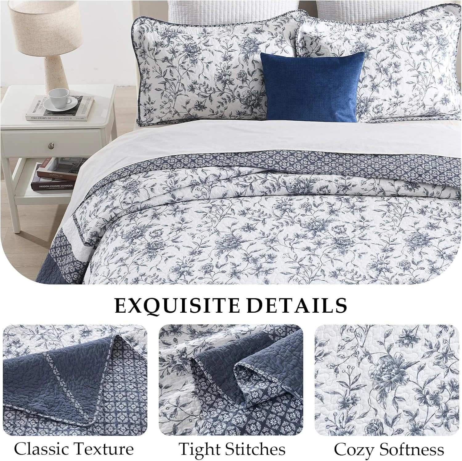 روتختی گلدار CozyStitch سایز بزرگ 259x305 سانتی متر، لحاف پنبه ای سایز بزرگ همراه با 2 روبالشتی، ست روتختی لحافی سبک وزن طرح باغ، آبی/سفید، 3 تکه