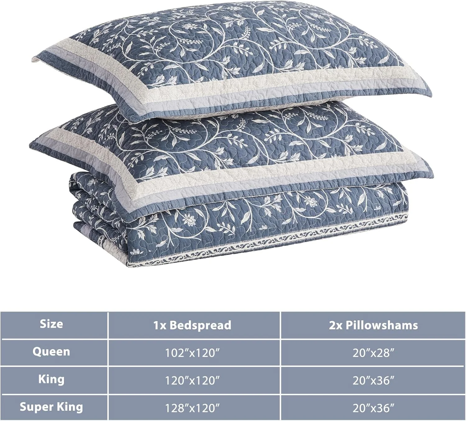 روتختی بزرگ کالیفرنیا کینگ CozyStitch - رو تختی لحافی سبک وزن 100% پنبه - ملحفه نرم و برگشت پذیر، طرح گل های گیاهی - شامل 1 روتختی (325x305 سانتی متر) + 2 روبالشی آبی-خاکستری