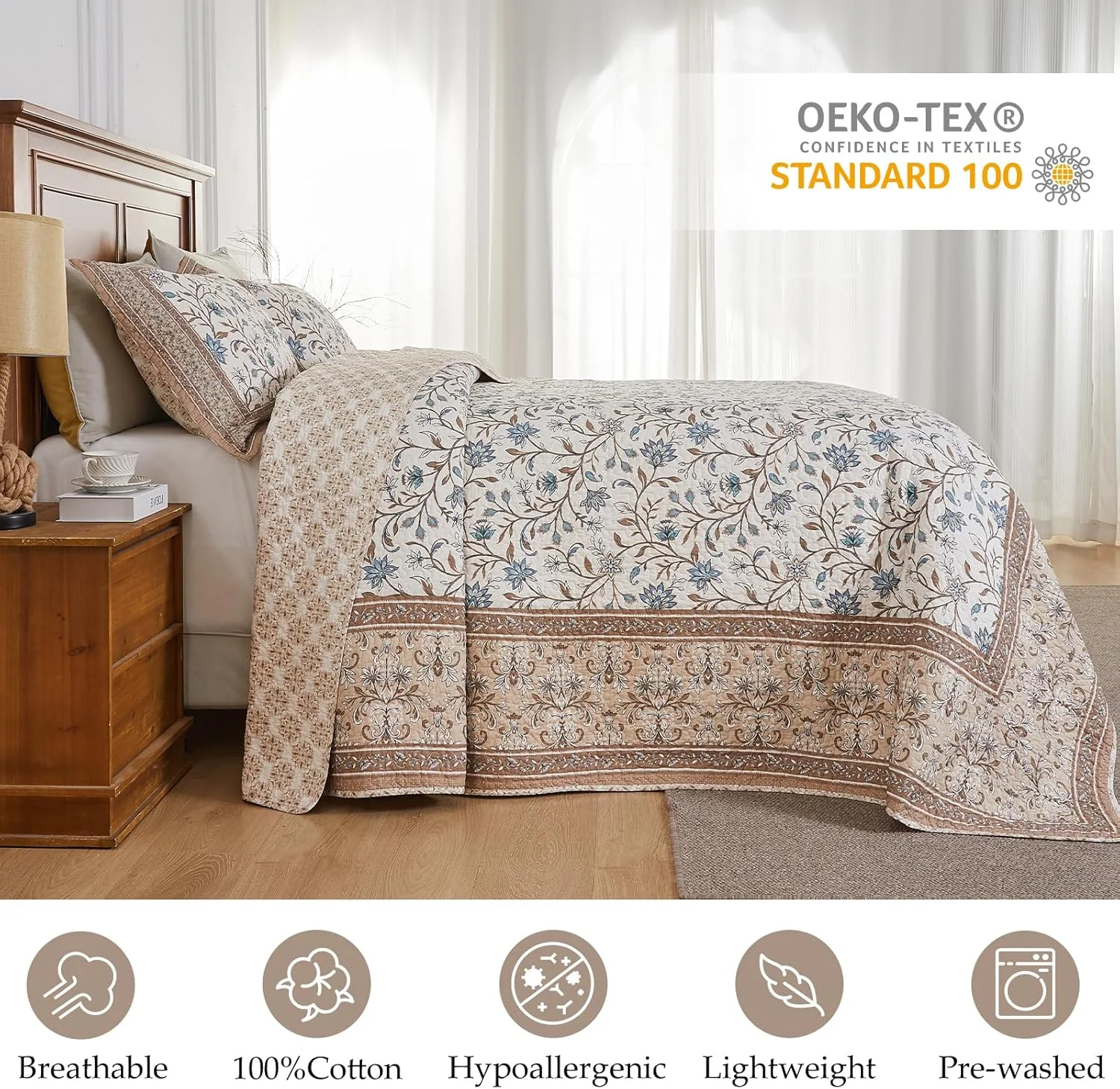 روتختی لحافی بزرگ CozyStitch، 305x305 سانتی‌متر، 100% پنبه سبک وزن، ست روتختی دو رو، طرح گلدار قدیمی، 3 تکه، قهوه‌ای/آبی‌سبز