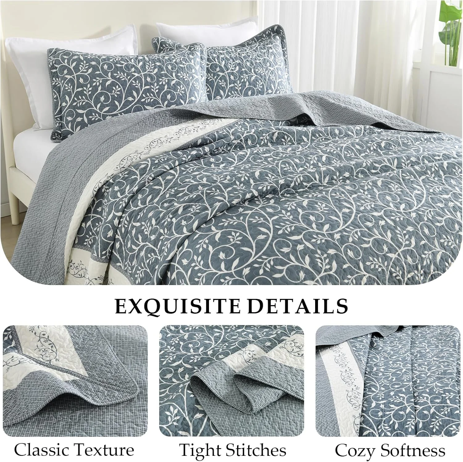 روتختی بزرگ سایز کویین CozyStitch، ابعاد 259 در 305 سانتیمتر، 100% پنبه، لحاف کویین فوقالعاده بزرگ با 2 روبالشی، ست روانداز لحافی طرحدار سبک وزن، آبی-خاکستری/سفید مایل به کرم، 3 تکه روتختی بزرگ سایز کویین CozyStitch، ابعاد 259 در 305 سانتیمتر، 100% پنبه، لحاف کویین فوقالعاده بزرگ با 2 روبالشی، ست روانداز لحافی طرحدار سبک وزن، آبی-خاکستری/سفید مایل به کرم، 3 تکه