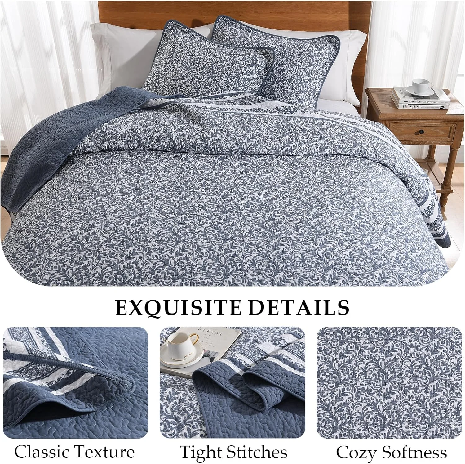 روتختی گلدار سایز 325x305 سانتی متر مناسب تخت کالیفرنیا کینگ، لحاف بزرگ پنبه ای با 2 روبالشتی، ست روانداز لحافی سبک وزن طرح گیاهی، آبی/سفید، 3 تکه روتختی گلدار سایز 325x305 سانتی متر مناسب تخت کالیفرنیا کینگ، لحاف بزرگ پنبه ای با 2 روبالشتی، ست روانداز لحافی سبک وزن طرح گیاهی، آبی/سفید، 3 تکه