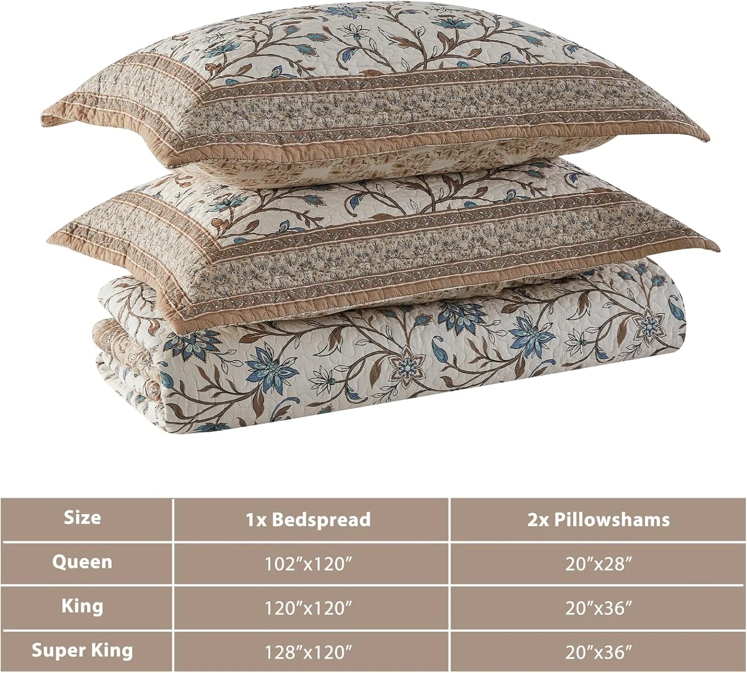 روتختی لحافی بزرگ CozyStitch، 305x305 سانتی‌متر، 100% پنبه سبک وزن، ست روتختی دو رو، طرح گلدار قدیمی، 3 تکه، قهوه‌ای/آبی‌سبز