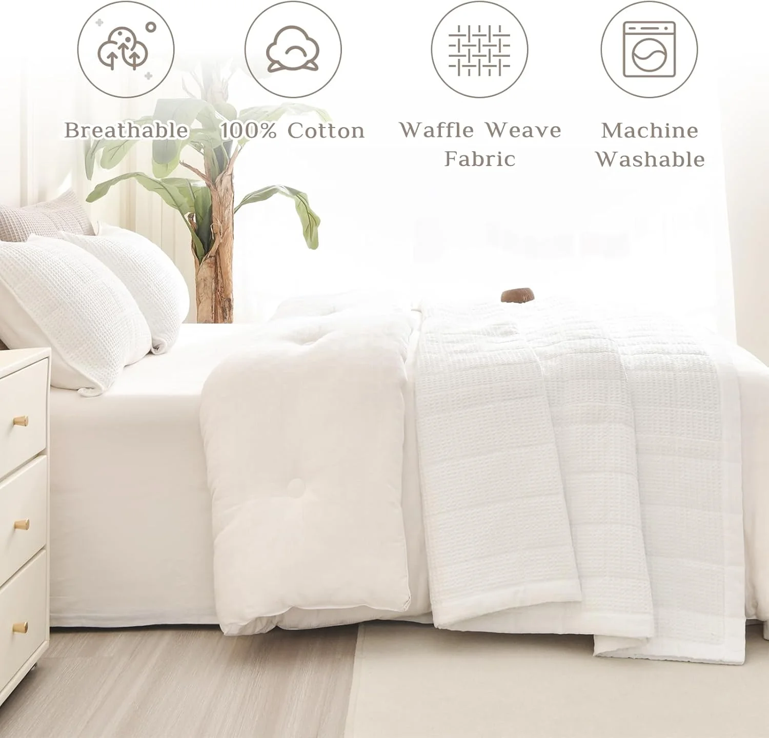 رو تختی کینگ سایز بزرگ CozyTide، ابعاد 325x305 سانتی متر، ست روتختی لحافی کینگ سایز با بافت وافل سفید 100% پنبه، 3 تکه، سبک وزن، بسیار بزرگ، مناسب تمام فصول