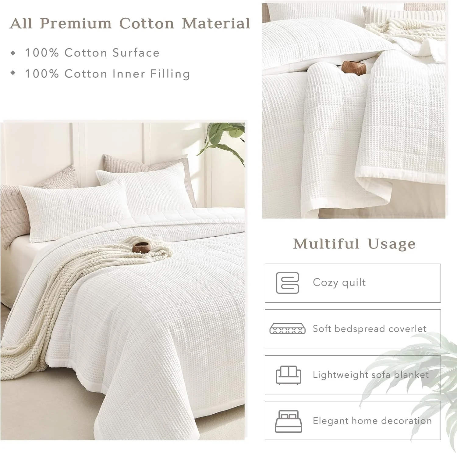 رو تختی کینگ سایز بزرگ CozyTide، ابعاد 325x305 سانتی متر، ست روتختی لحافی کینگ سایز با بافت وافل سفید 100% پنبه، 3 تکه، سبک وزن، بسیار بزرگ، مناسب تمام فصول