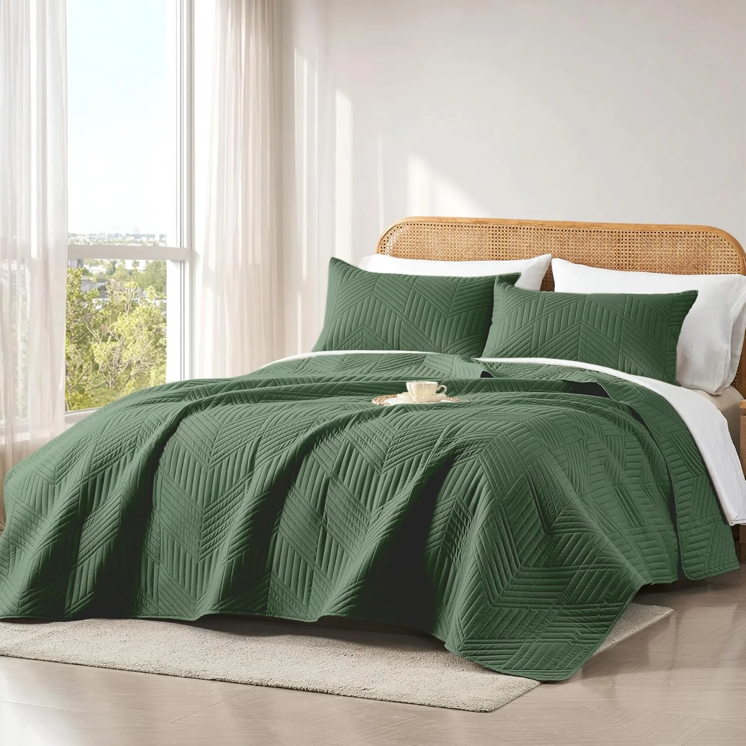 ست روتختی کامل/کوئین داوولوس، لحاف سبز زیتونی میکروفایبر برگشت پذیر آلتراسونیک، رو تختی هندسی مدرن سبک و نرم برای تمام فصول (1 لحاف، 2 روبالشی)