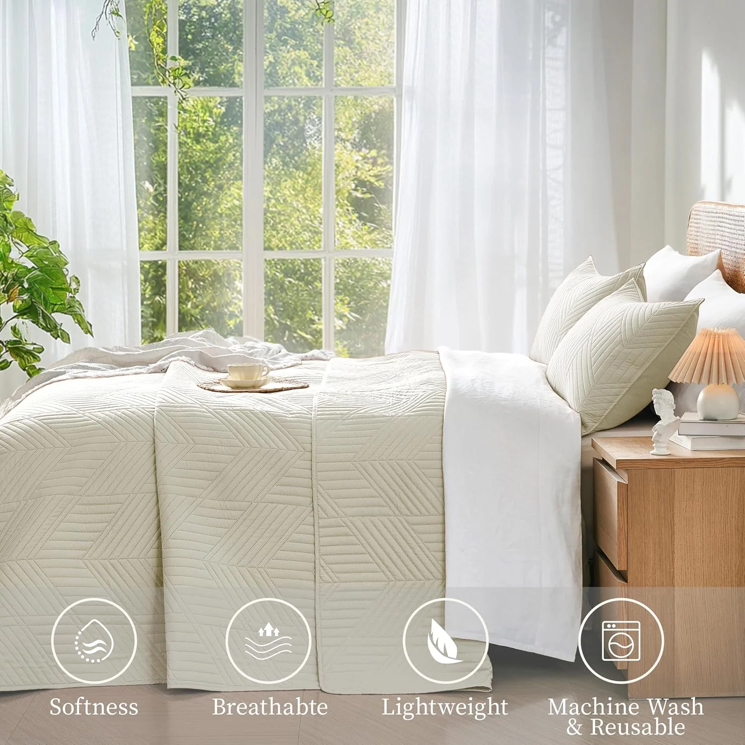 ست لحاف دونفره/کویین کرم رنگ، روتختی میکروفایبر نرم و دو رو برای استفاده در تمام فصول، رو تختی سبک وزن با طرح هندسی مدرن (1 لحاف، 2 روبالشی)