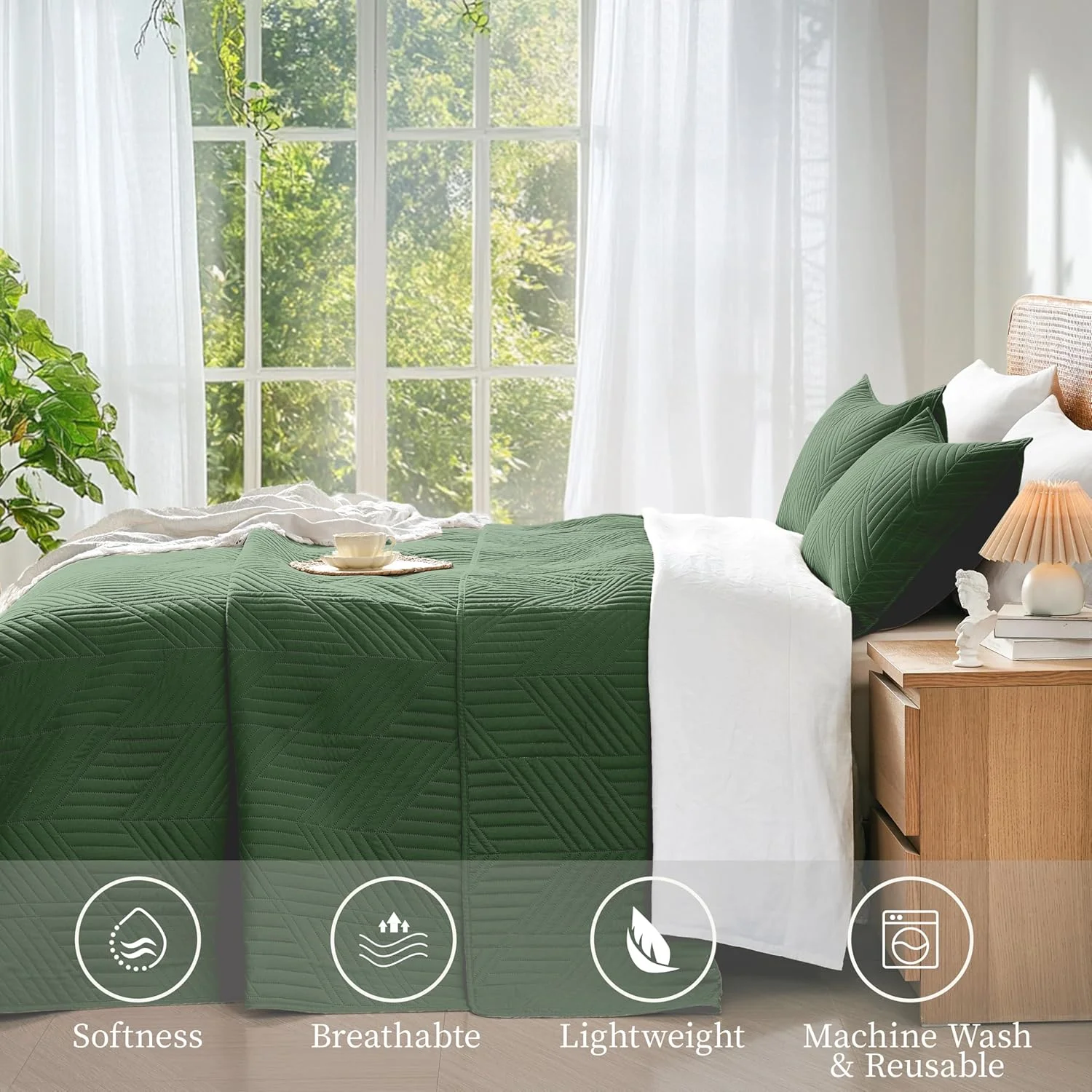 ست روتختی کامل/کوئین داوولوس، لحاف سبز زیتونی میکروفایبر برگشت پذیر آلتراسونیک، رو تختی هندسی مدرن سبک و نرم برای تمام فصول (1 لحاف، 2 روبالشی)
