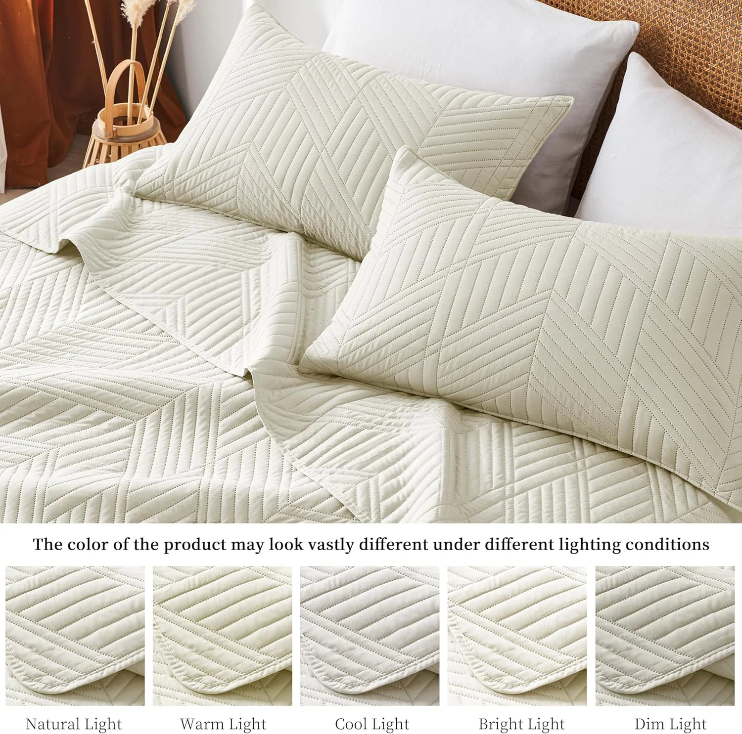 ست لحاف دونفره/کویین کرم رنگ، روتختی میکروفایبر نرم و دو رو برای استفاده در تمام فصول، رو تختی سبک وزن با طرح هندسی مدرن (1 لحاف، 2 روبالشی)