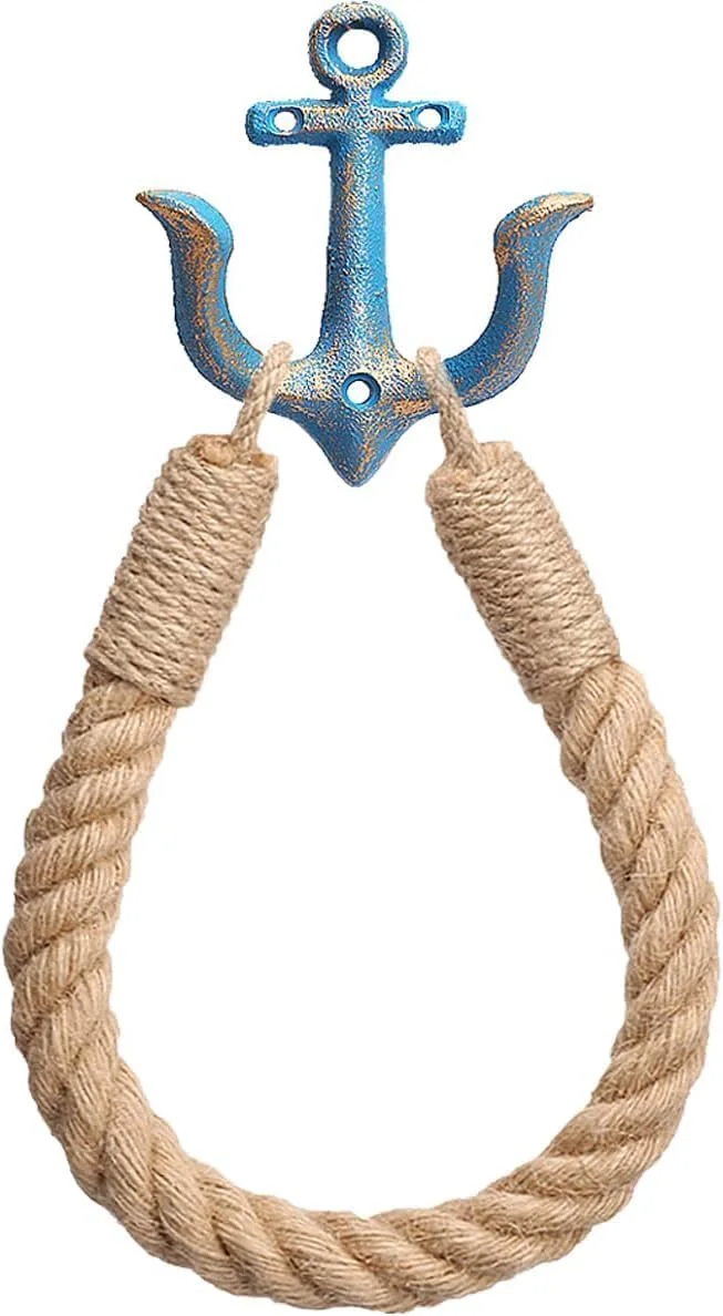 حلقه حوله طنابی عتیقه طبیعی دیواری با قلاب های فلزی، قفسه حوله ساحلی